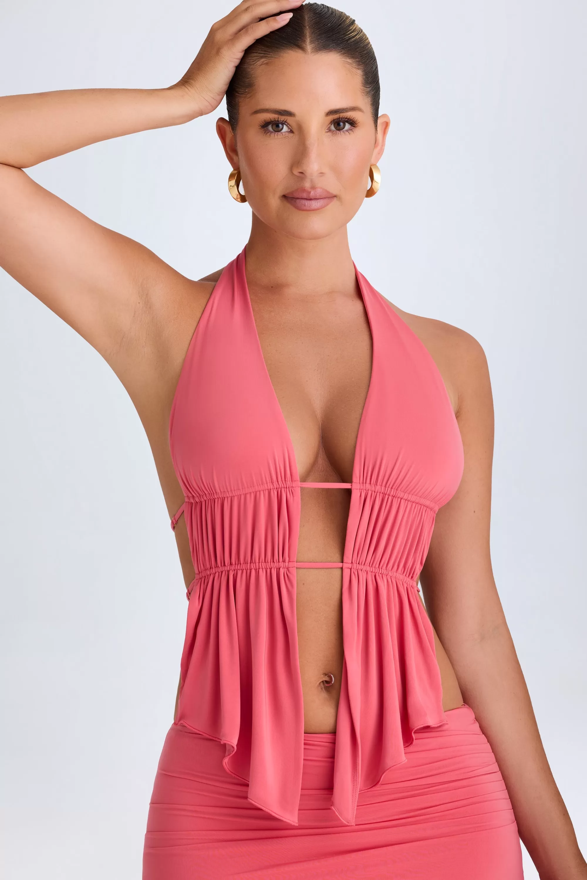 Oh Polly Cut-Out Ruched Halterneck Crop Top in Coral Fashion