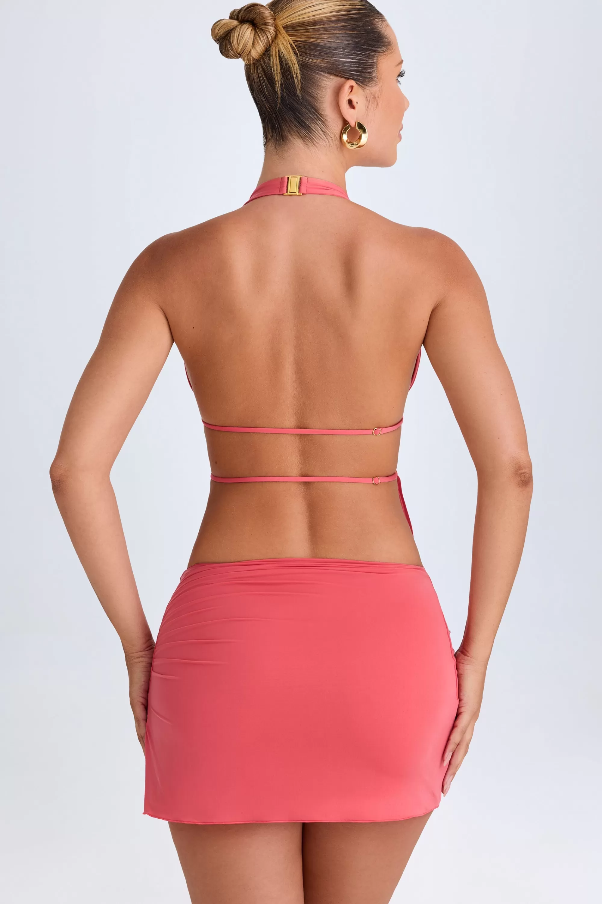 Oh Polly Cut-Out Ruched Halterneck Crop Top in Coral Fashion