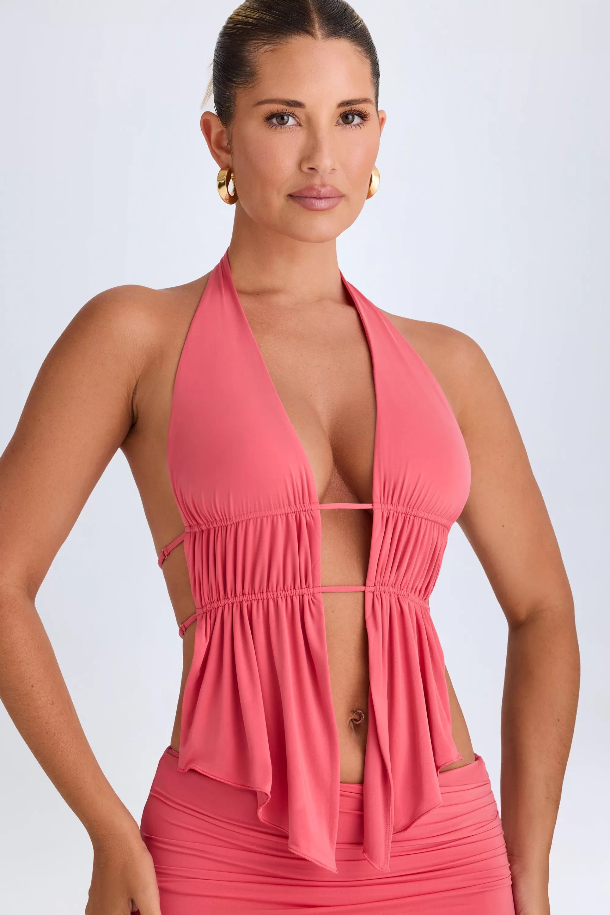 Oh Polly Cut-Out Ruched Halterneck Crop Top in Coral Fashion