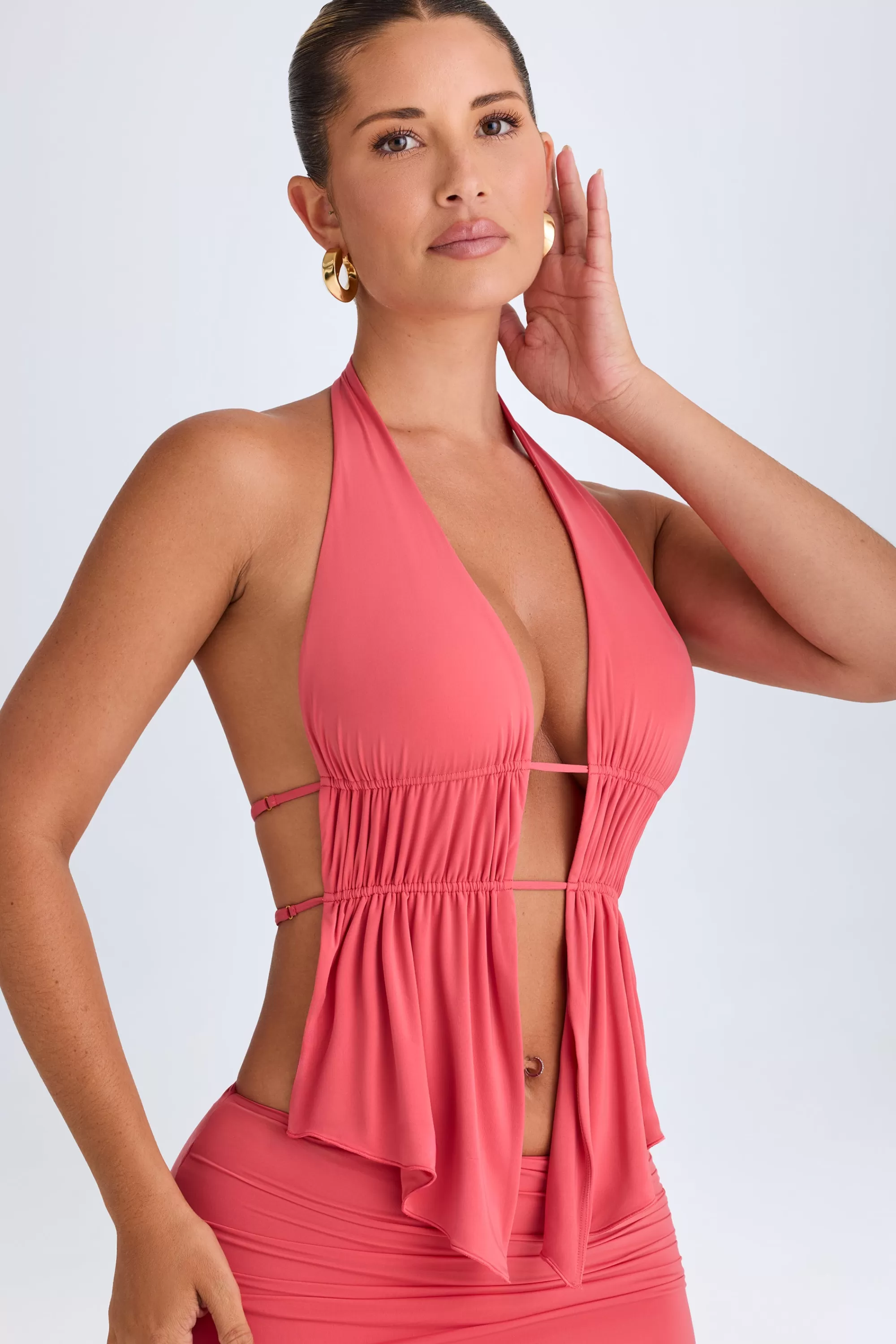 Oh Polly Cut-Out Ruched Halterneck Crop Top in Coral Fashion