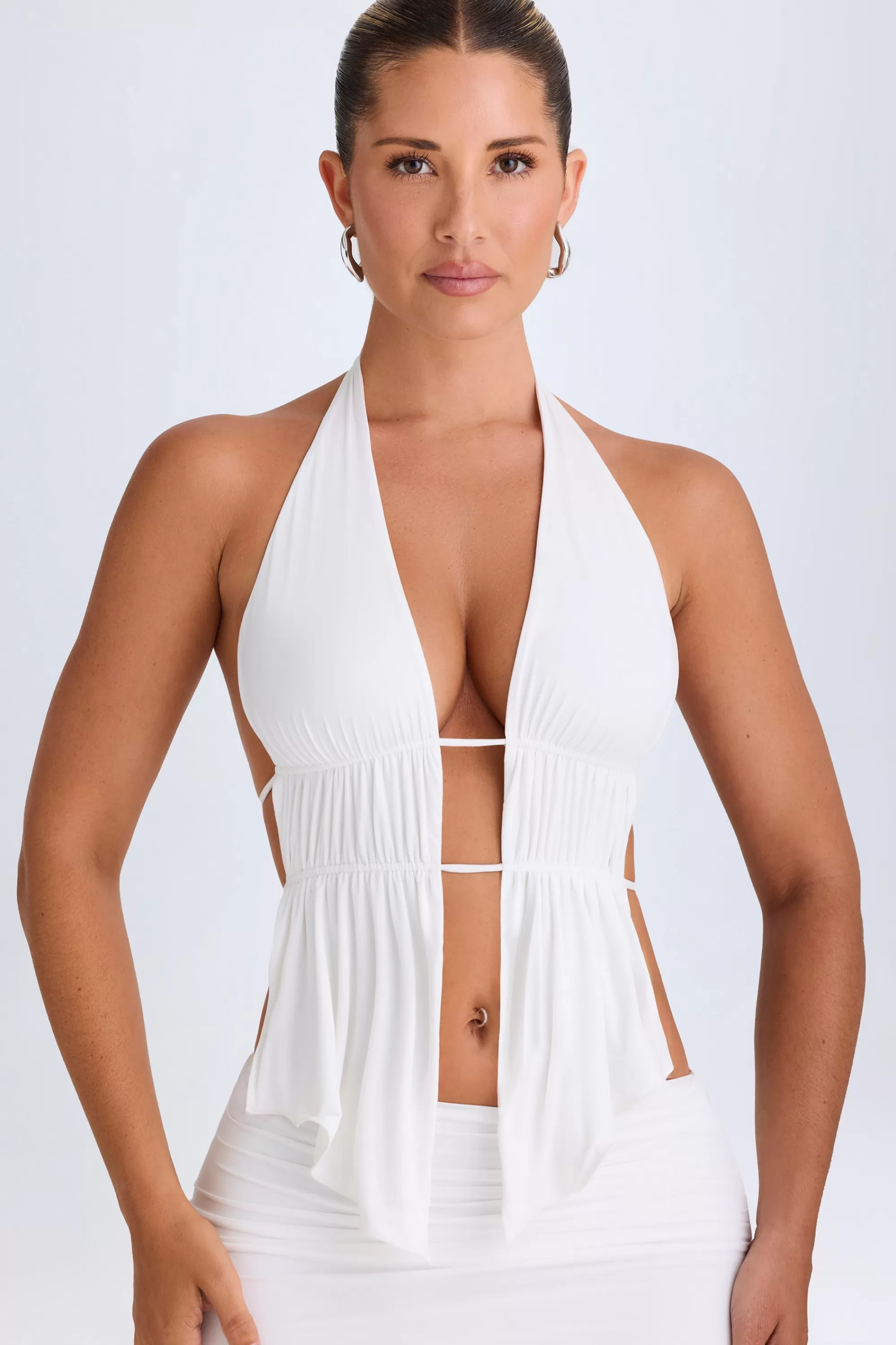 Oh Polly Cut-Out Ruched Halterneck Crop Top in White Flash Sale