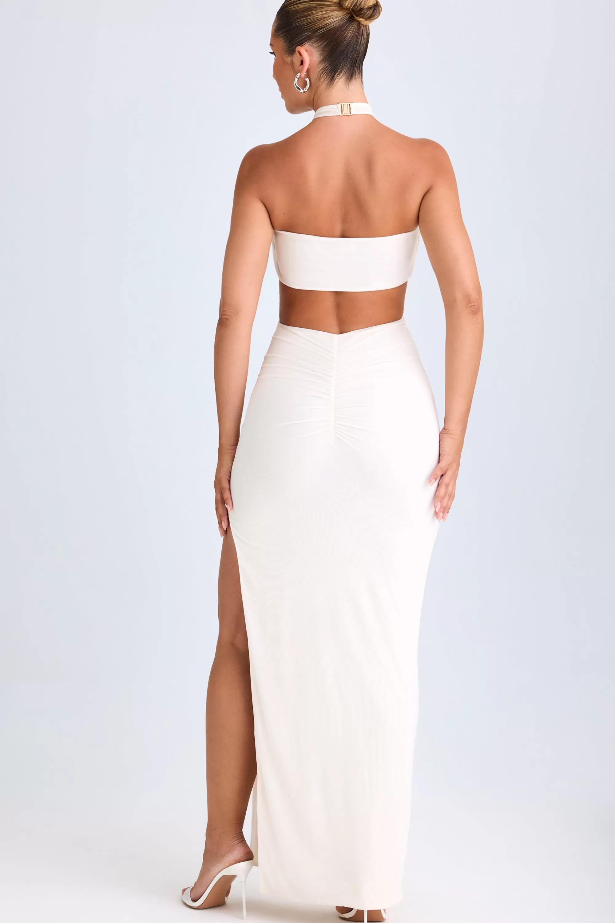 Oh Polly Cut-Out Ruched Halterneck Maxi Dress in White Cheap