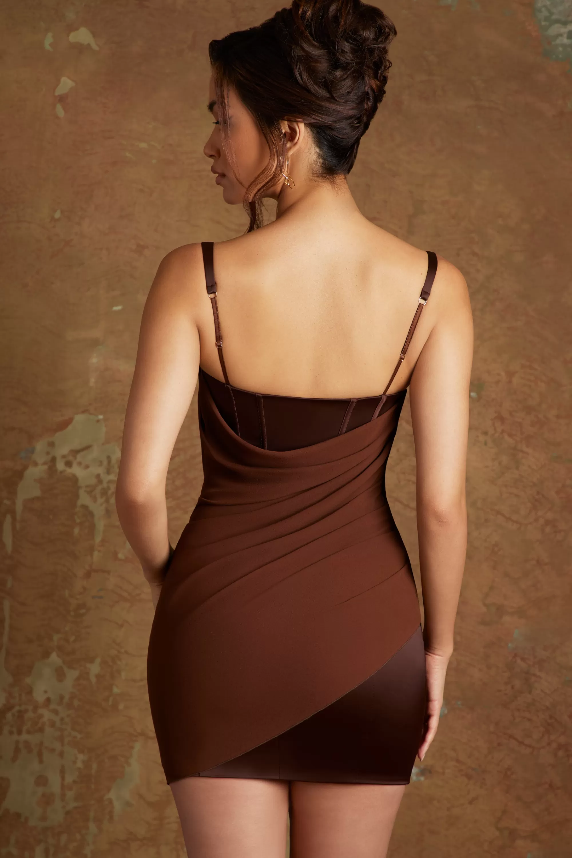 Oh Polly Draped Corset Mini Dress in Brown Outlet