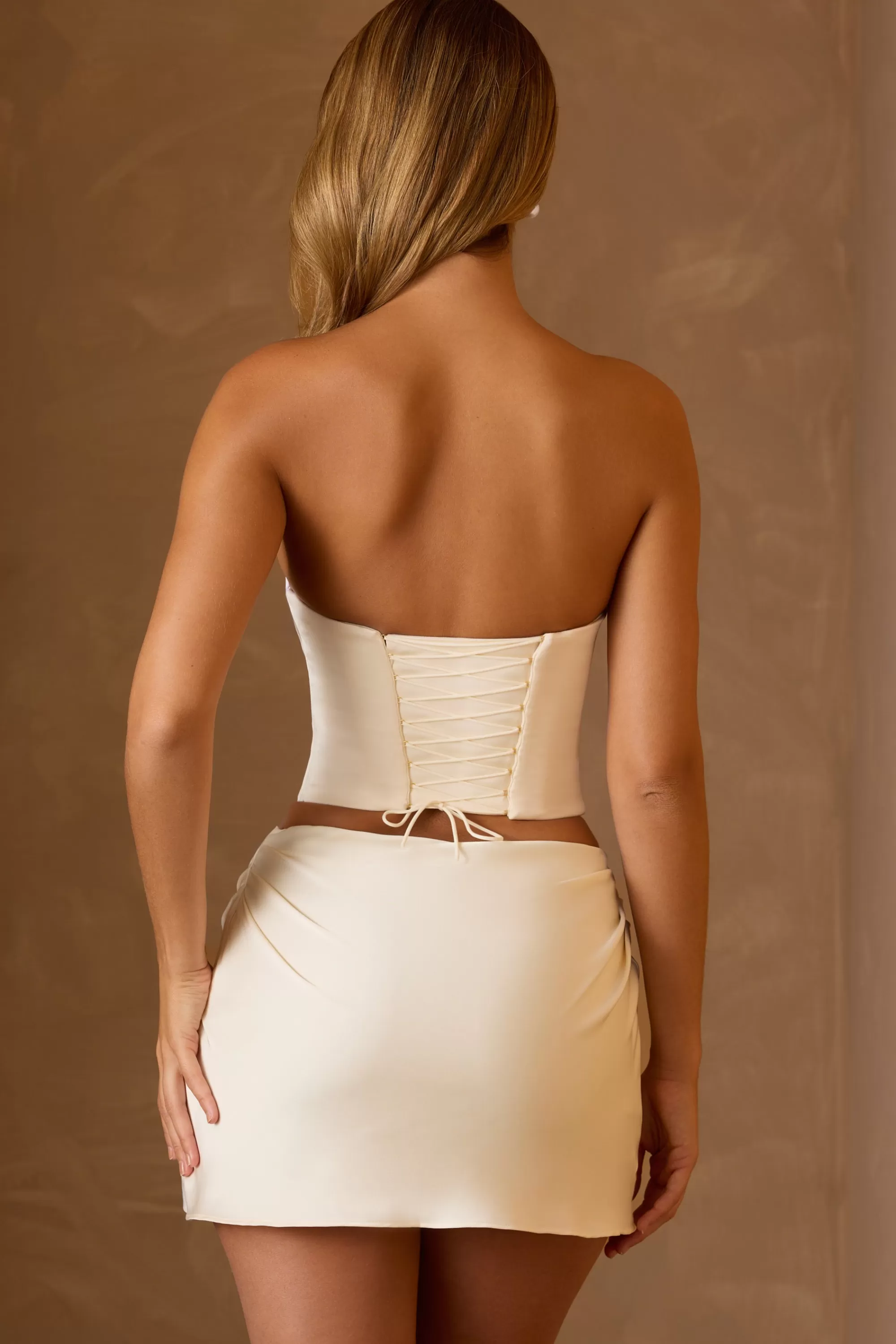 Oh Polly Draped Lace-Up Corset Top in Ivory Cheap
