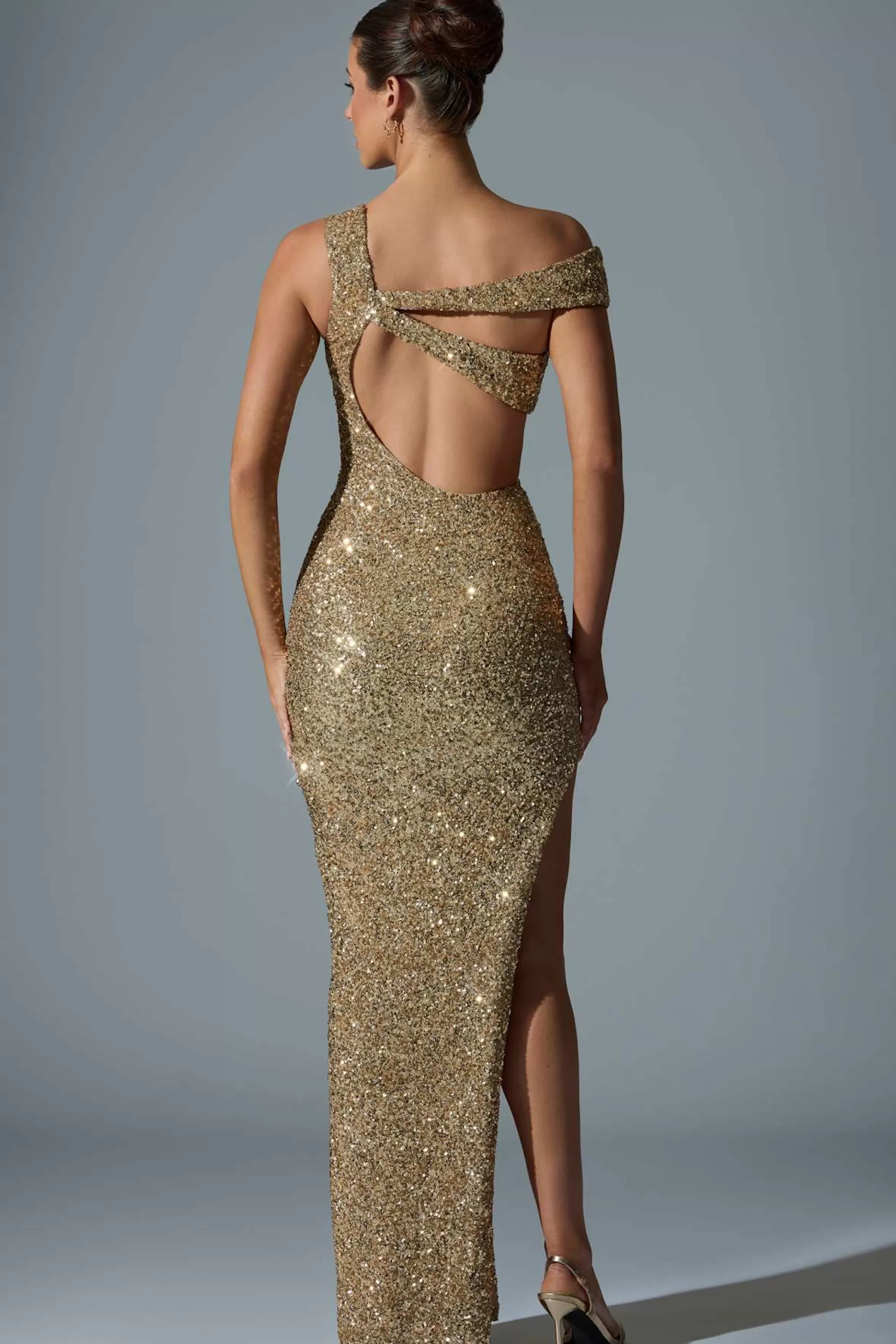 Oh Polly Embellished Asymmetric Cut-Out Gown in Gold Shop