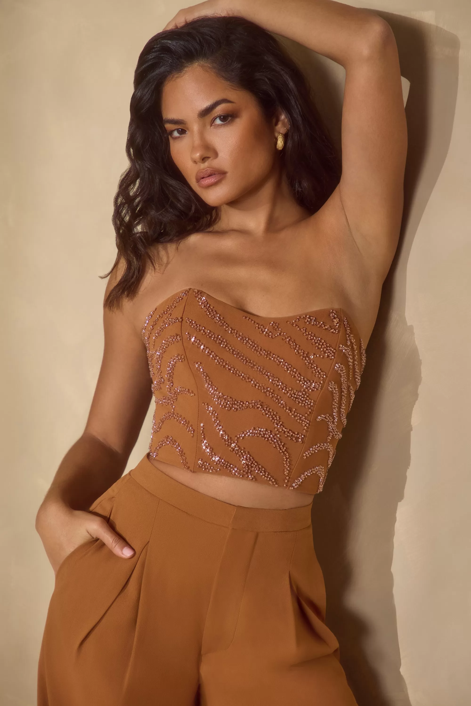 Oh Polly Embellished Bandeau Corset Top in Caramel New