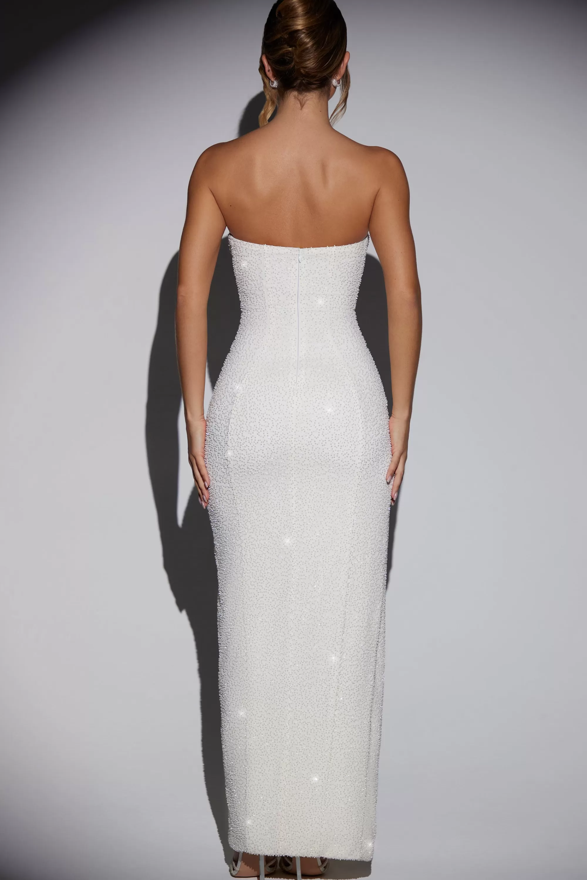 Oh Polly Embellished Bandeau Cowl Neck Maxi Dress in Ivory Sale