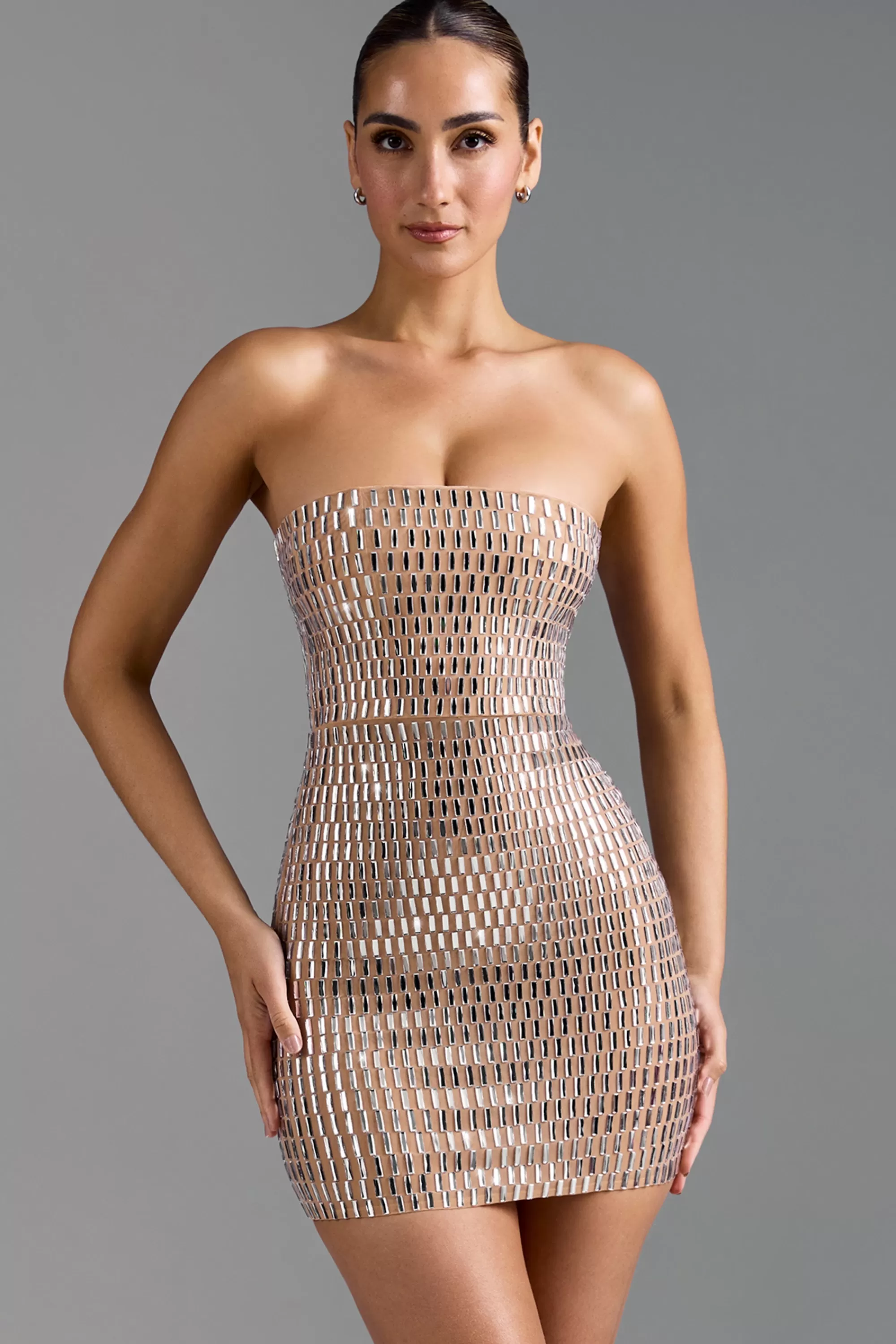 Oh Polly Embellished Bandeau Mini Dress in Almond Flash Sale