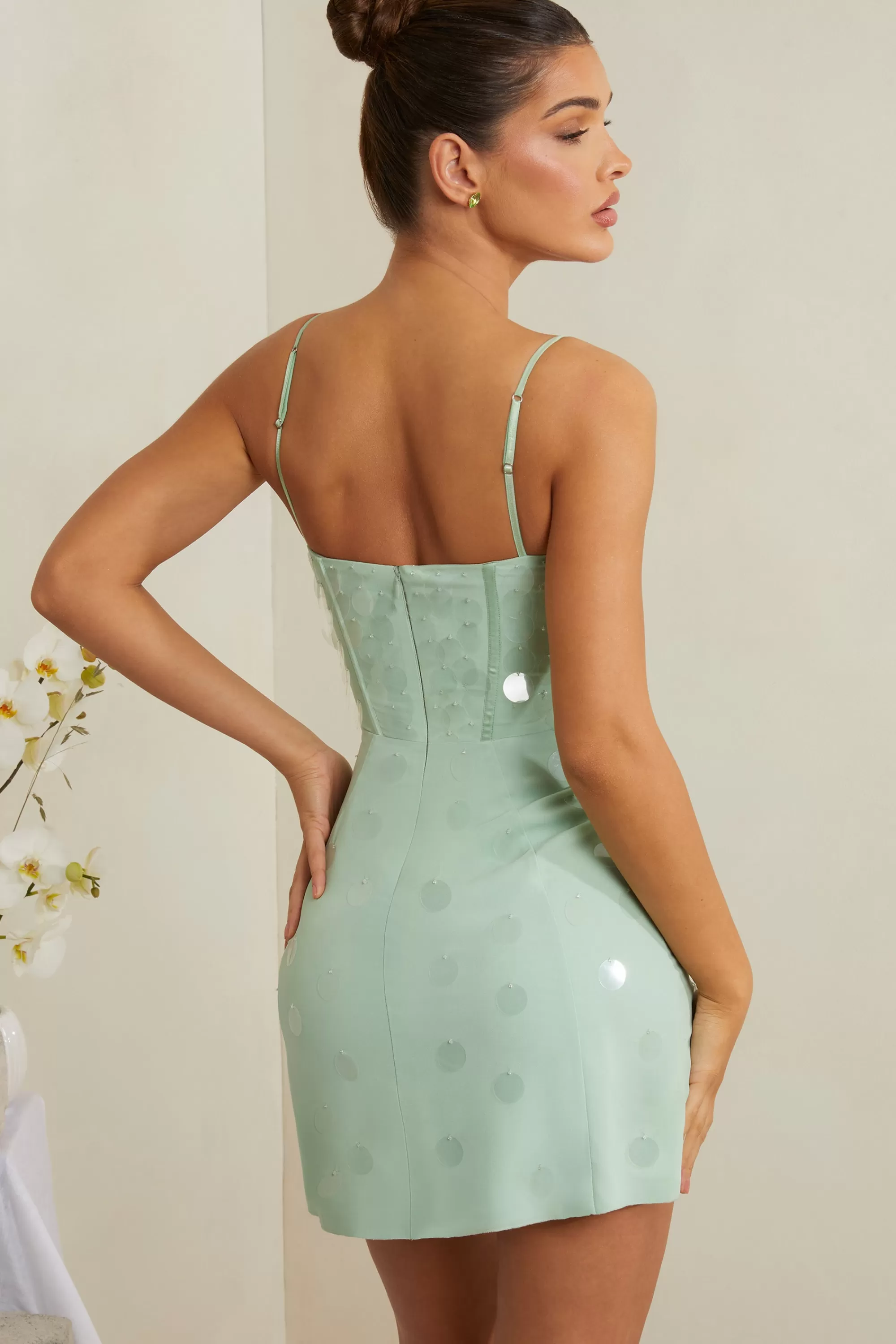 Oh Polly Embellished Corset Mini Dress in Sage Flash Sale