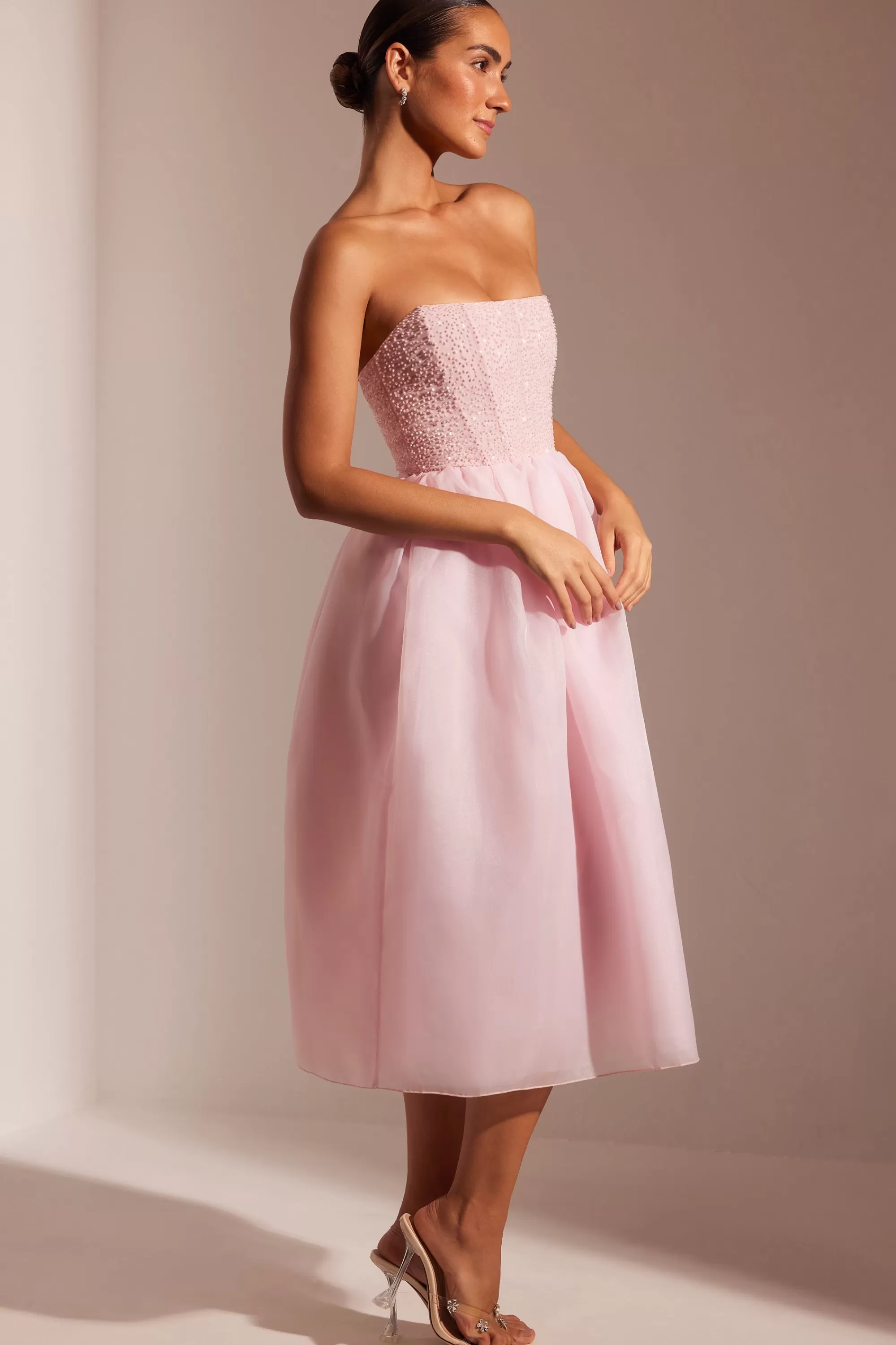 Oh Polly Embellished Corset Tulle Skirt Midi Dress in Blush Outlet