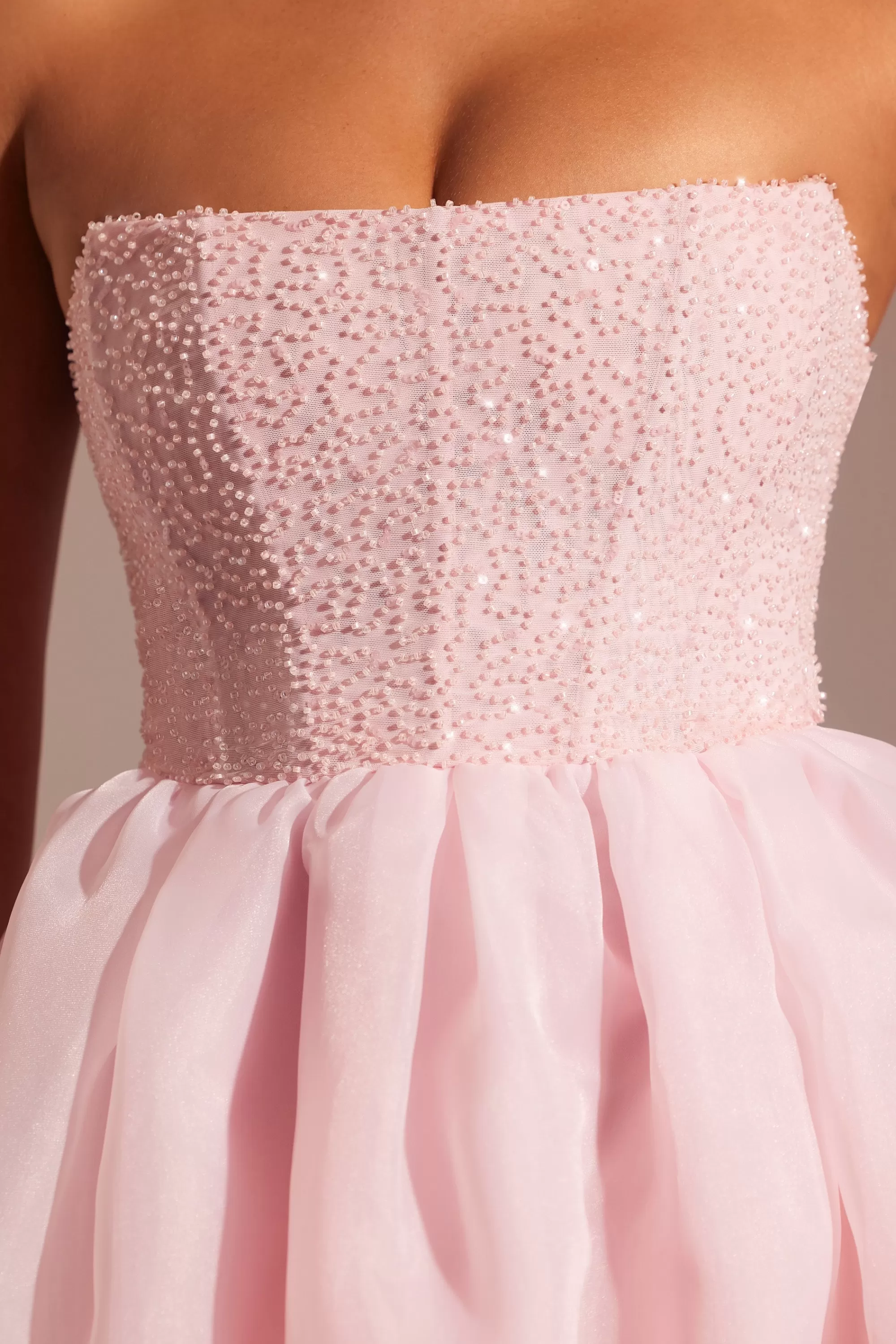 Oh Polly Embellished Corset Tulle Skirt Midi Dress in Blush Outlet