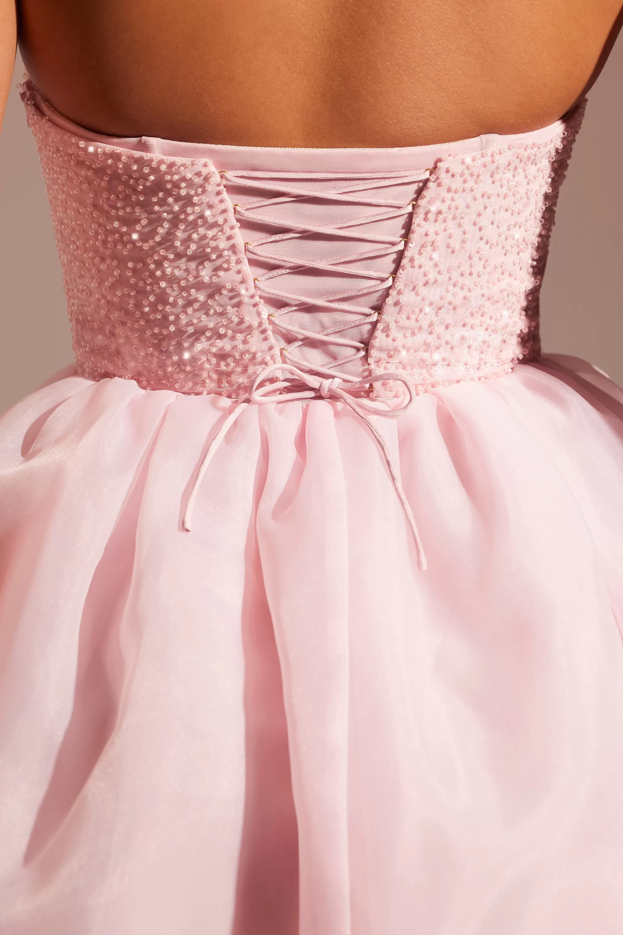 Oh Polly Embellished Corset Tulle Skirt Midi Dress in Blush Outlet