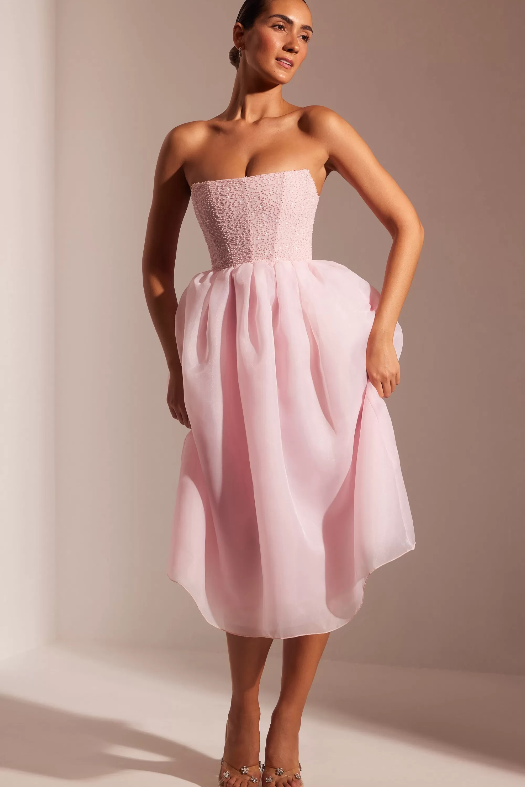 Oh Polly Embellished Corset Tulle Skirt Midi Dress in Blush Outlet