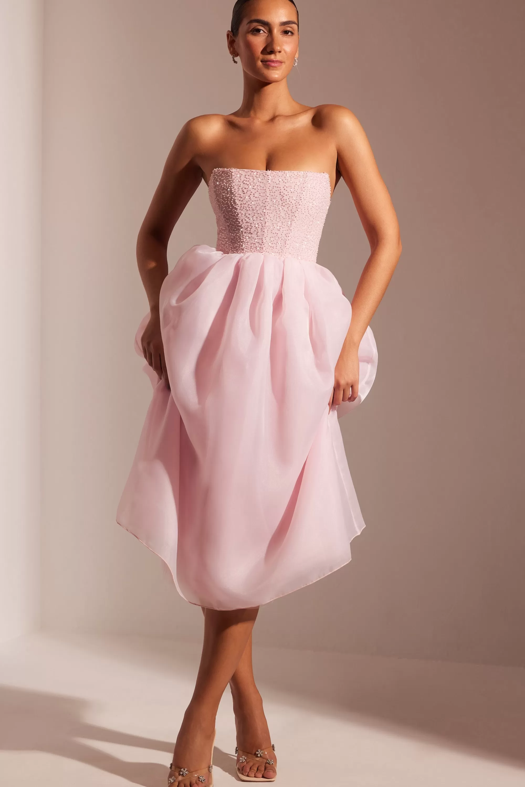 Oh Polly Embellished Corset Tulle Skirt Midi Dress in Blush Outlet