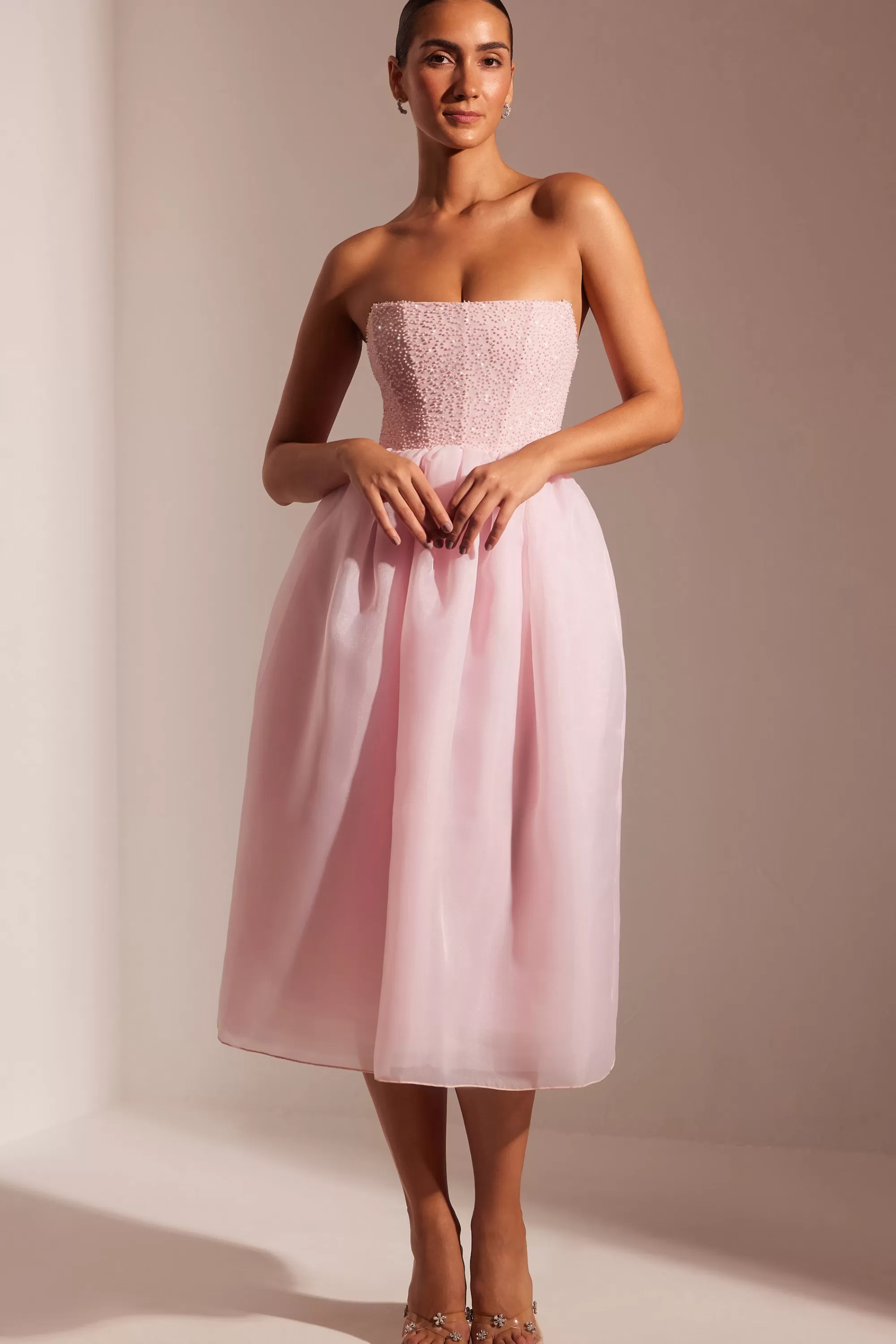 Oh Polly Embellished Corset Tulle Skirt Midi Dress in Blush Outlet