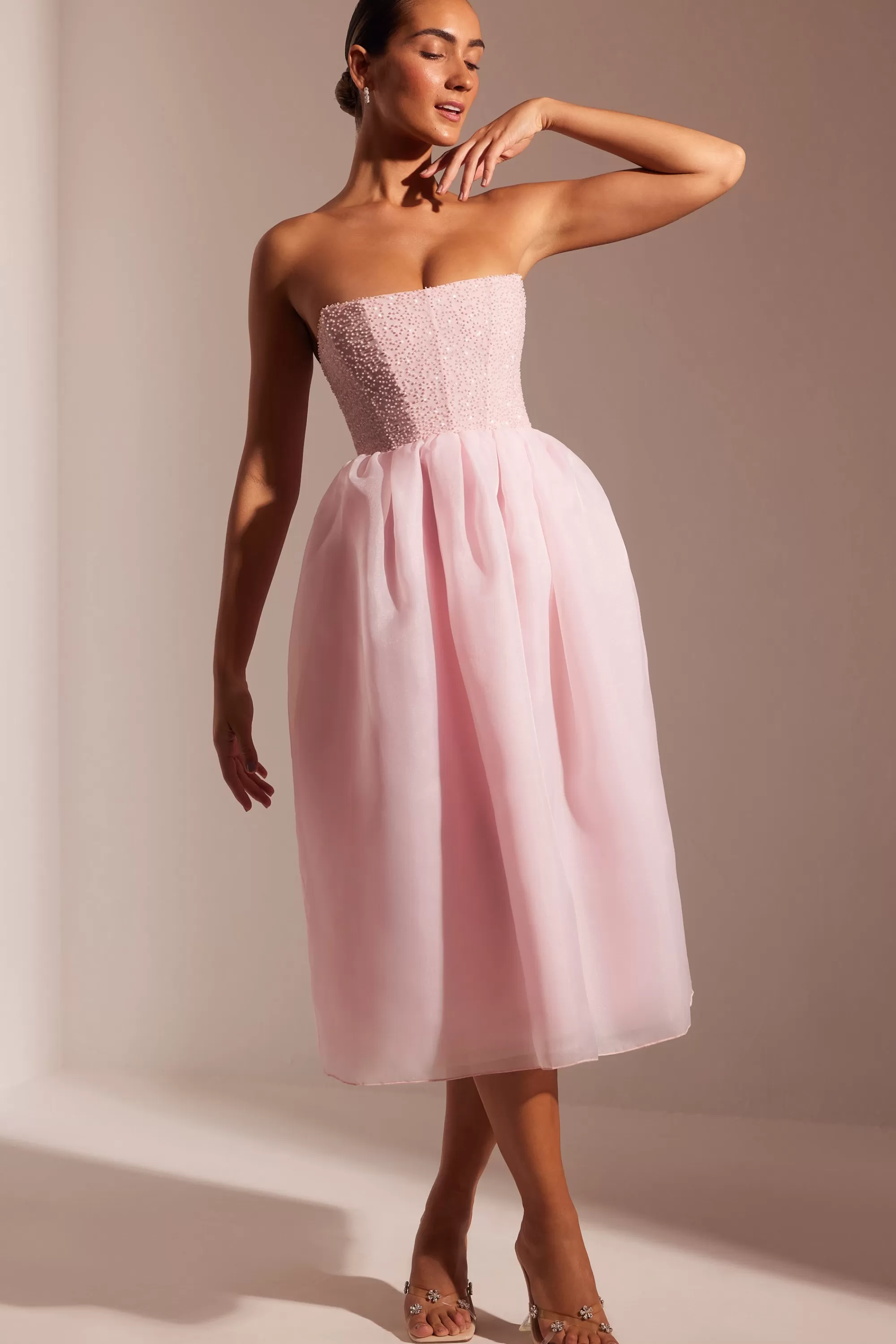 Oh Polly Embellished Corset Tulle Skirt Midi Dress in Blush Outlet