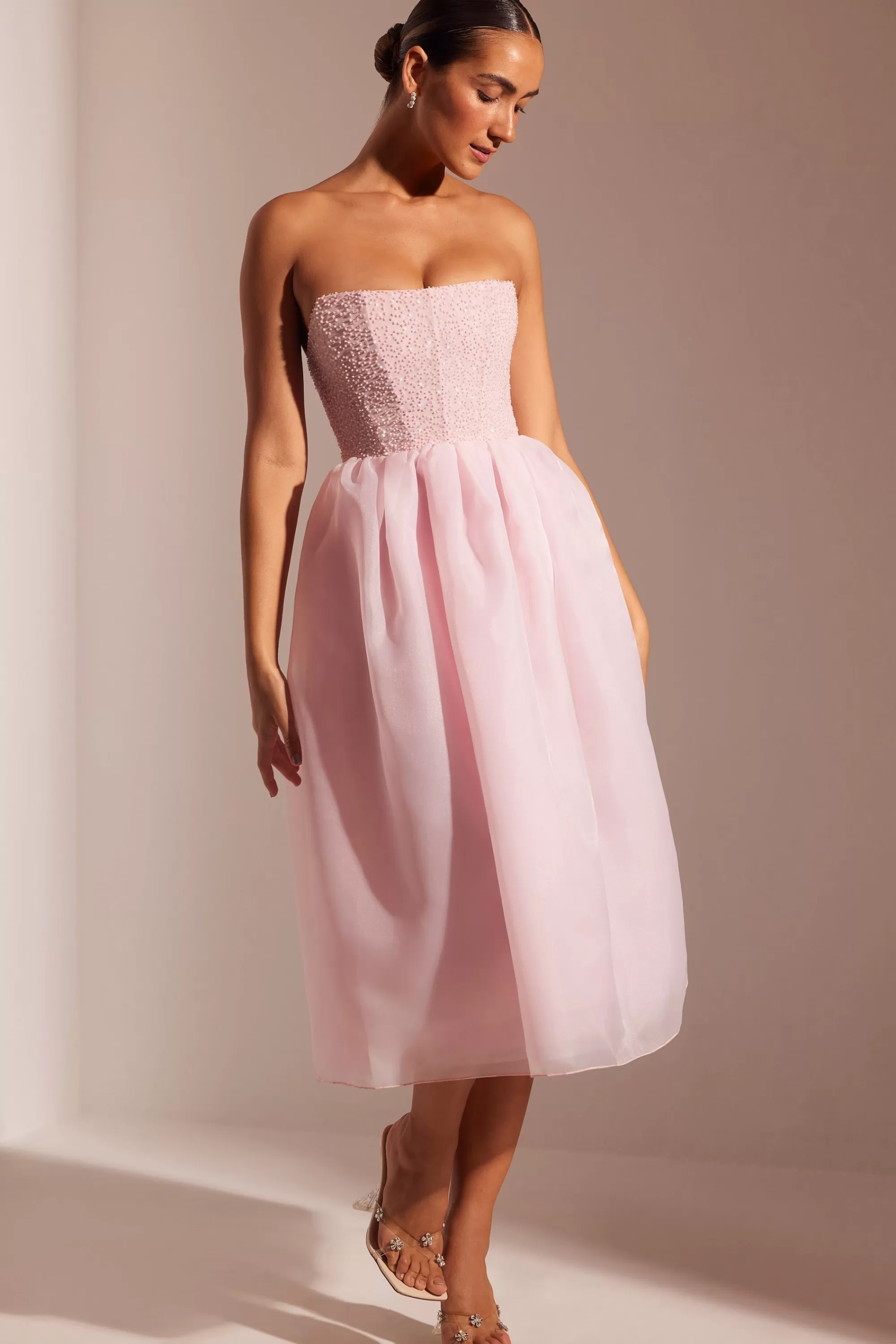 Oh Polly Embellished Corset Tulle Skirt Midi Dress in Blush Outlet