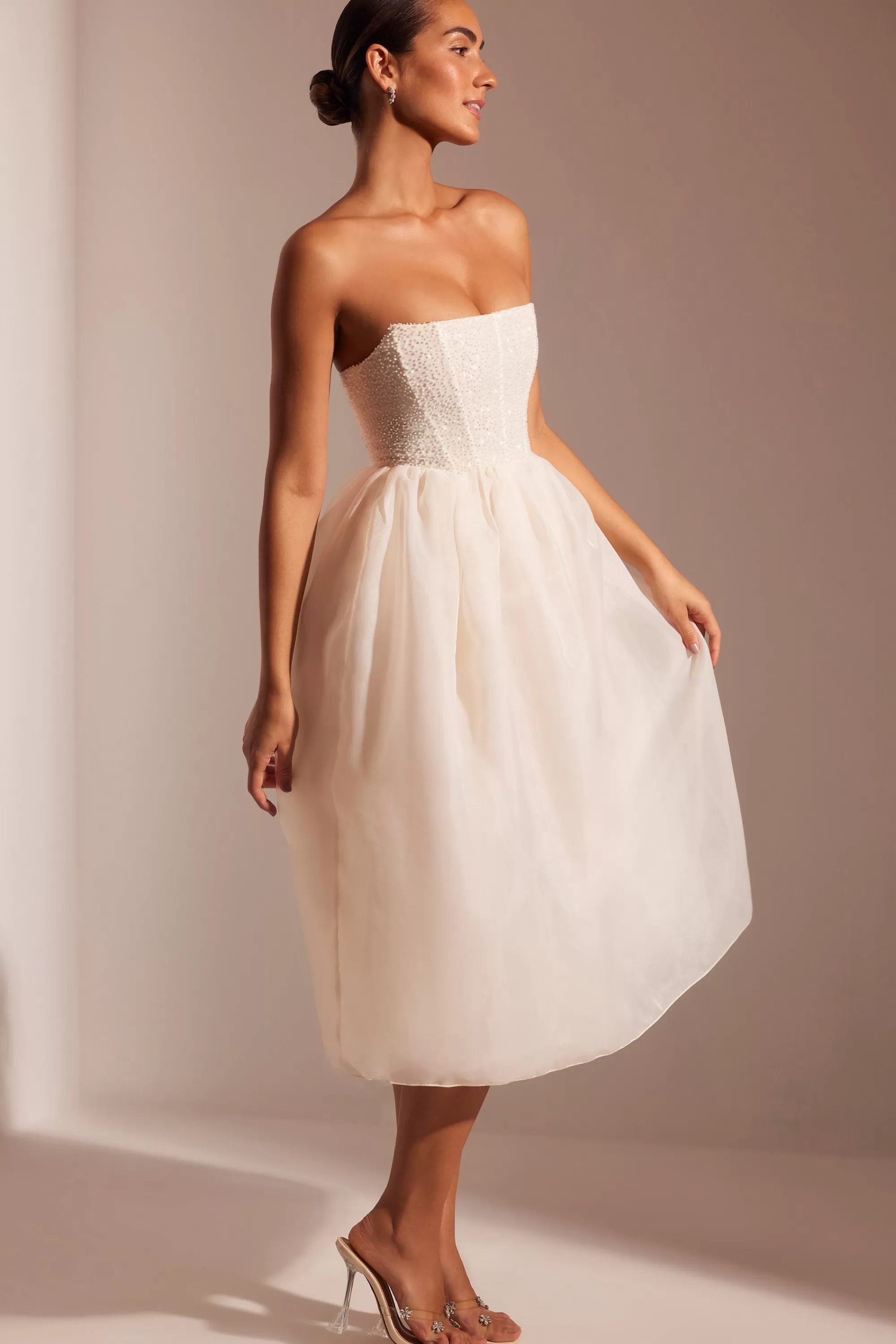 Oh Polly Embellished Corset Tulle Skirt Midi Dress in Ivory New