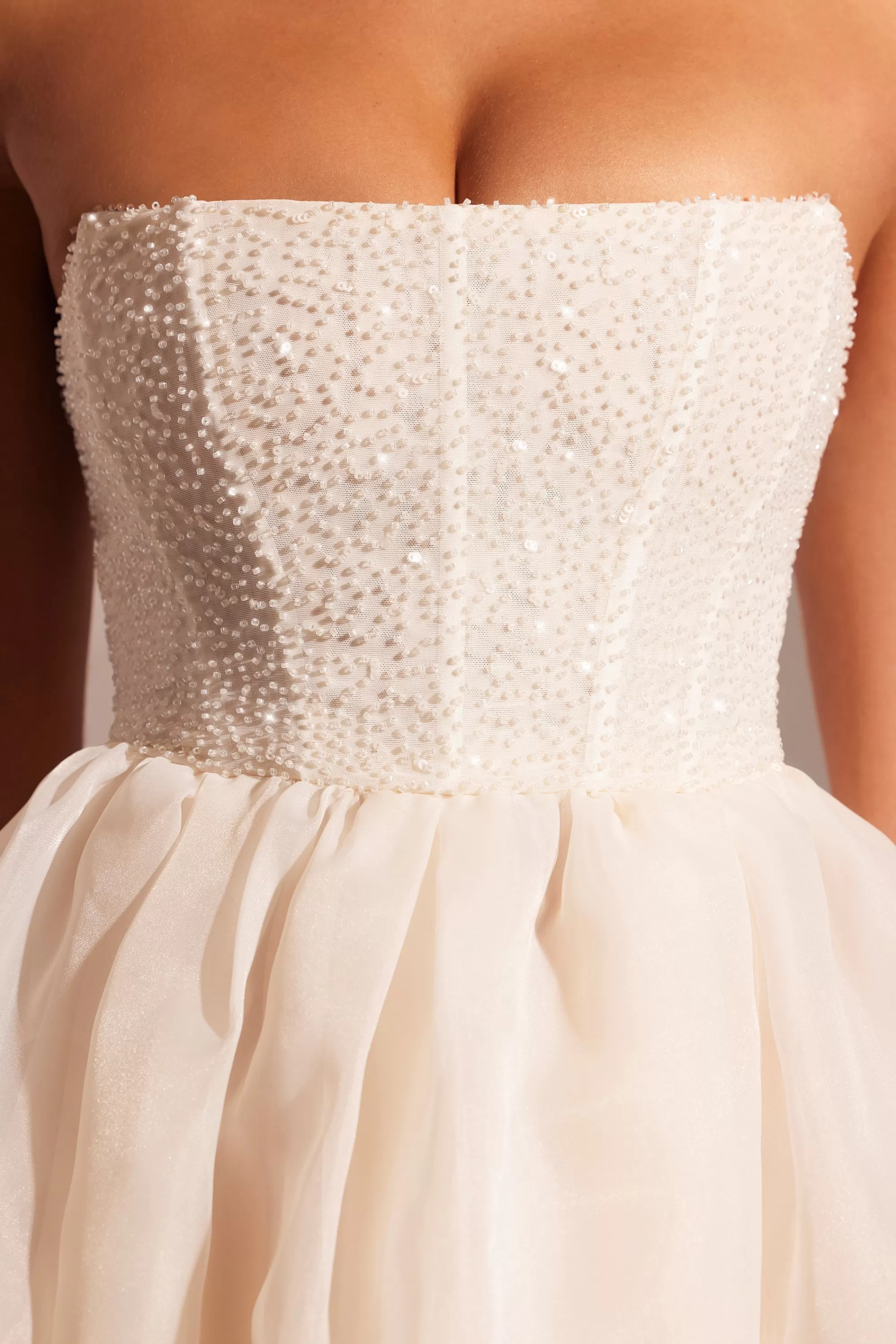 Oh Polly Embellished Corset Tulle Skirt Midi Dress in Ivory New