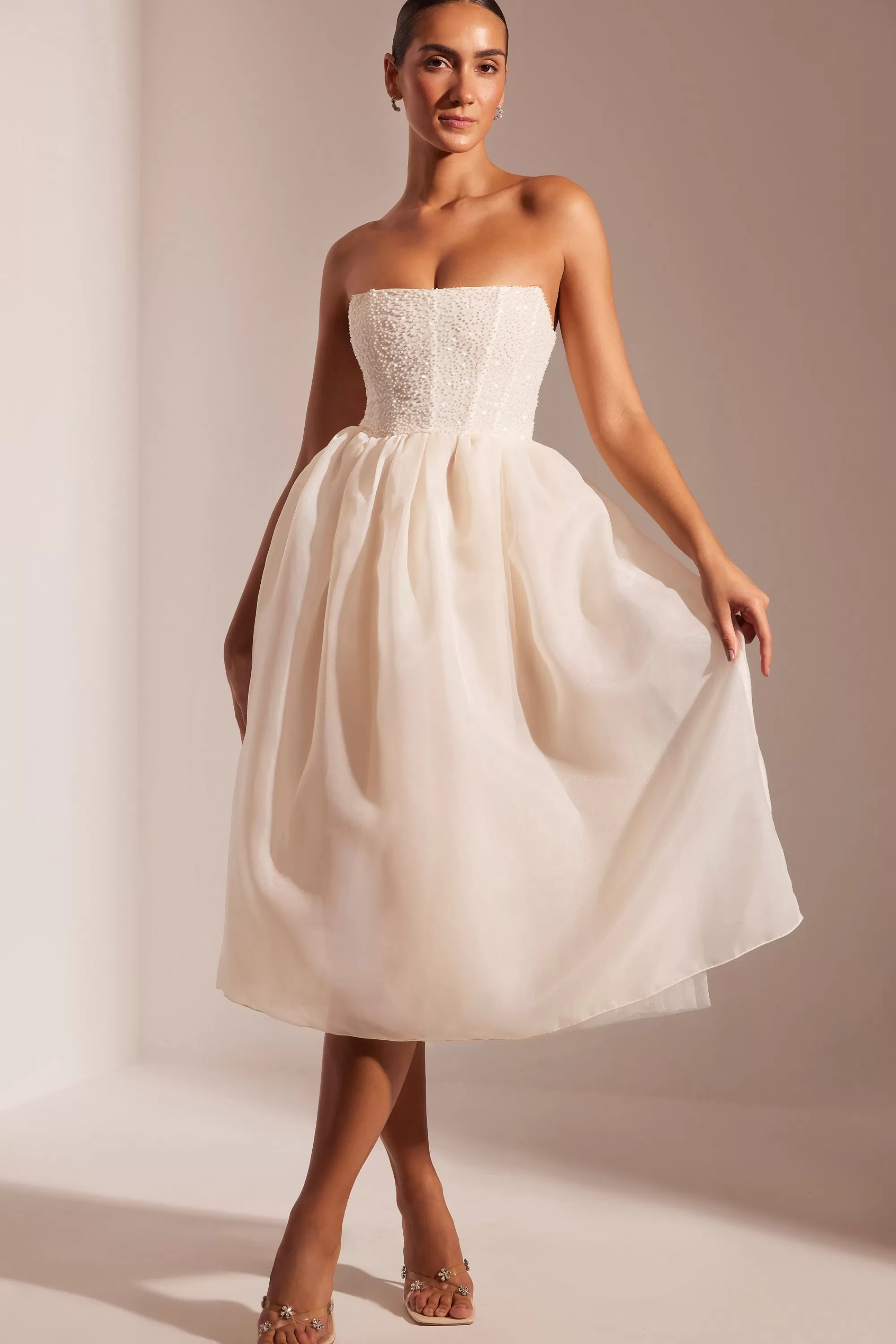 Oh Polly Embellished Corset Tulle Skirt Midi Dress in Ivory New