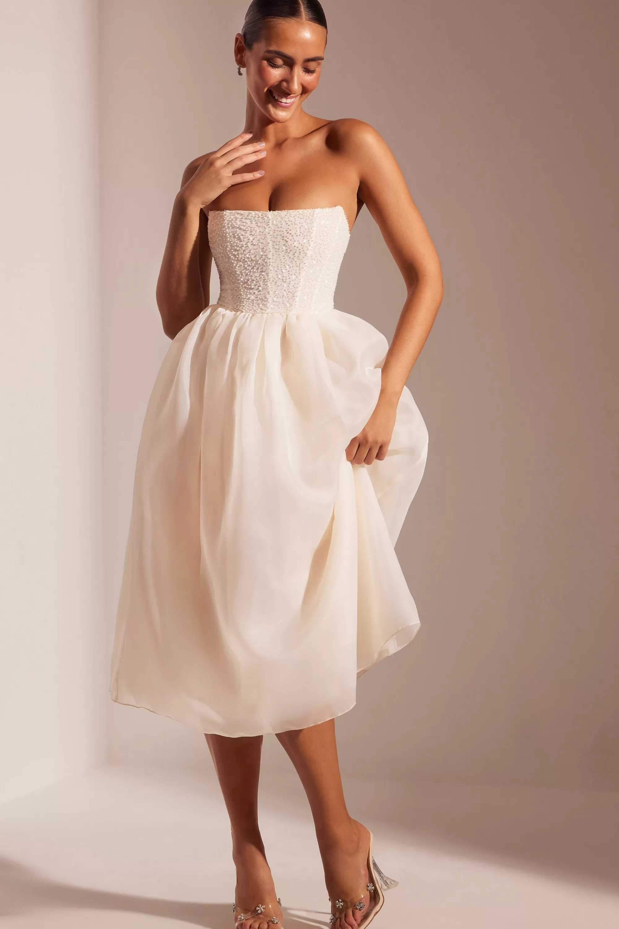 Oh Polly Embellished Corset Tulle Skirt Midi Dress in Ivory New