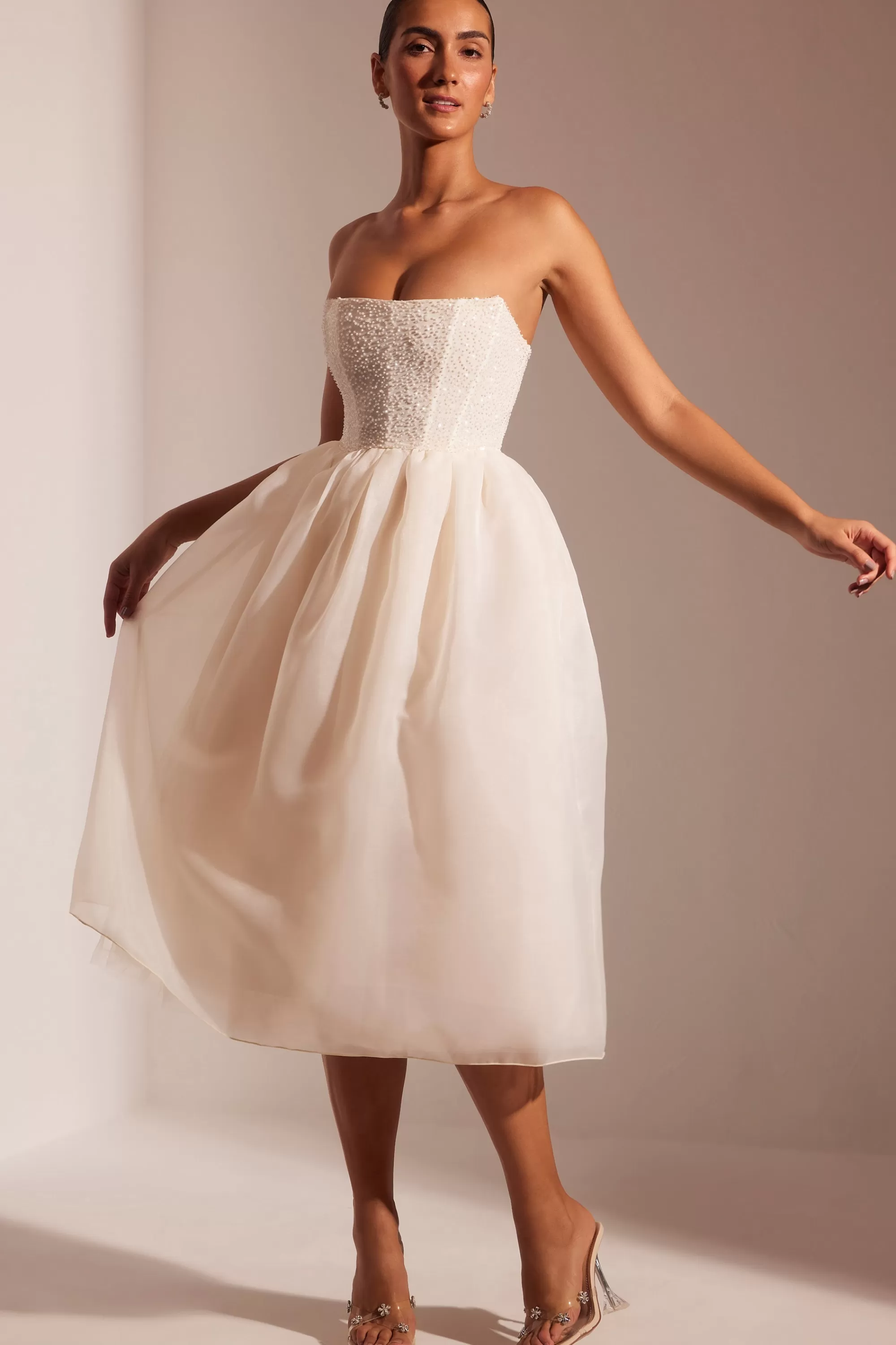 Oh Polly Embellished Corset Tulle Skirt Midi Dress in Ivory New