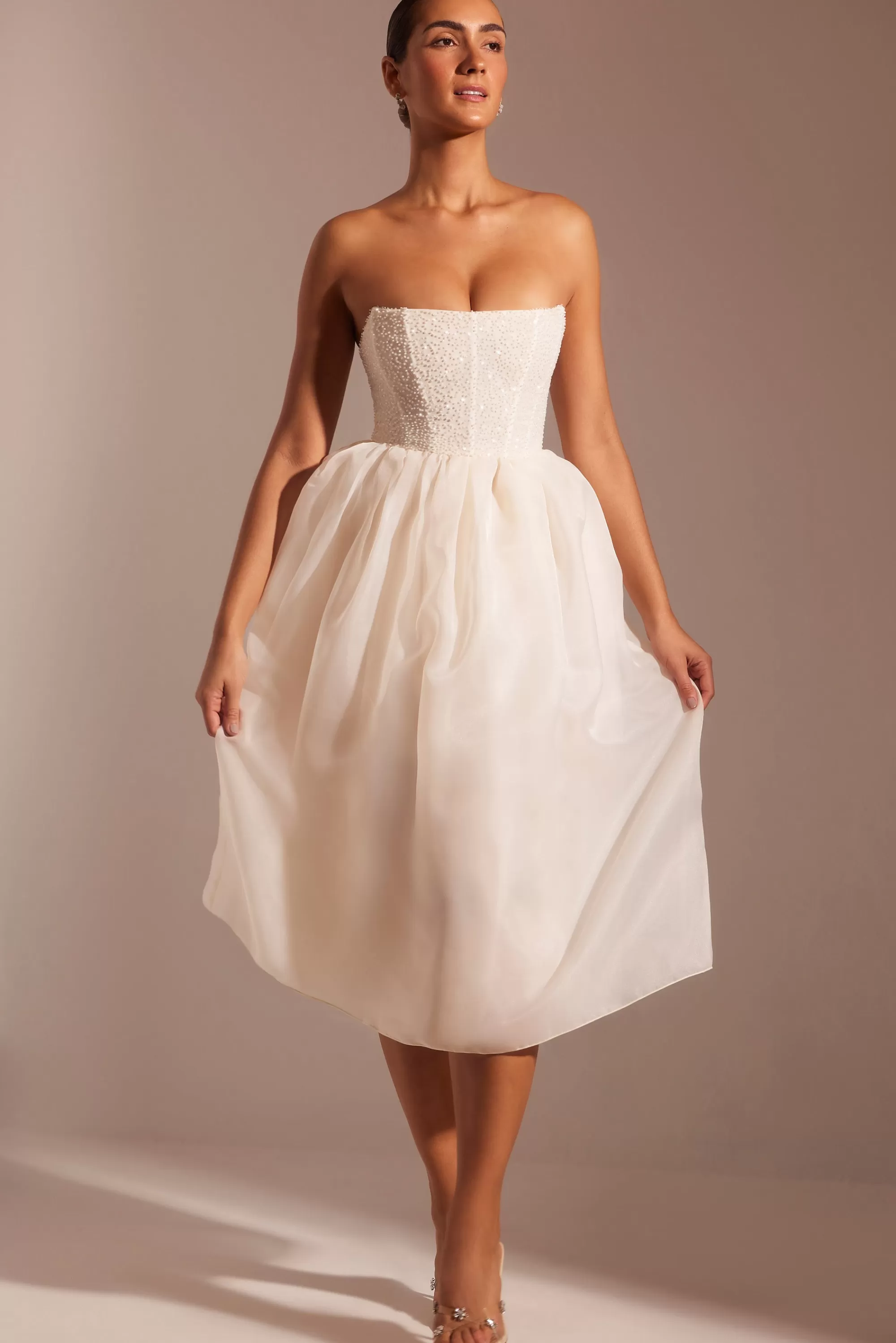 Oh Polly Embellished Corset Tulle Skirt Midi Dress in Ivory New