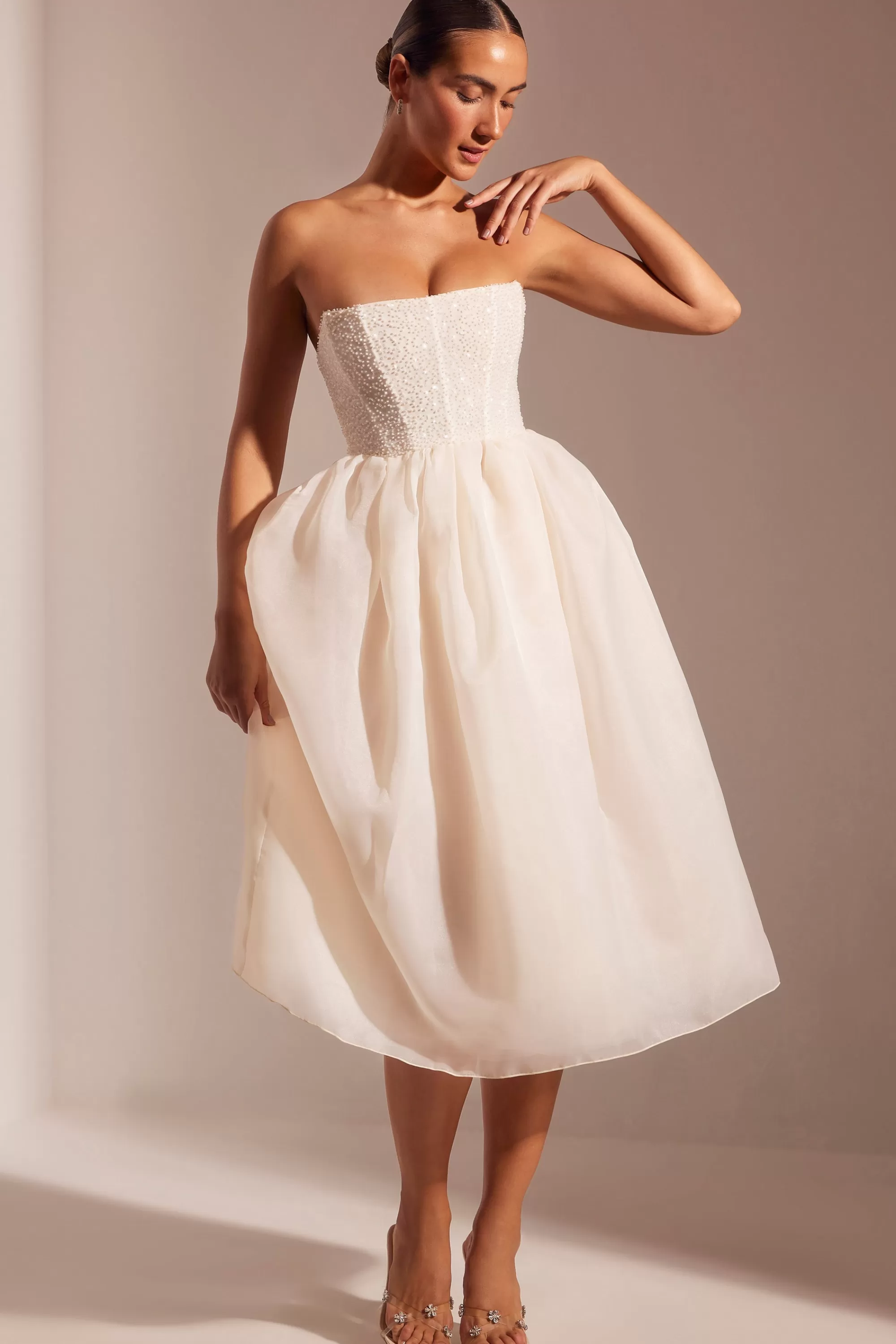 Oh Polly Embellished Corset Tulle Skirt Midi Dress in Ivory New