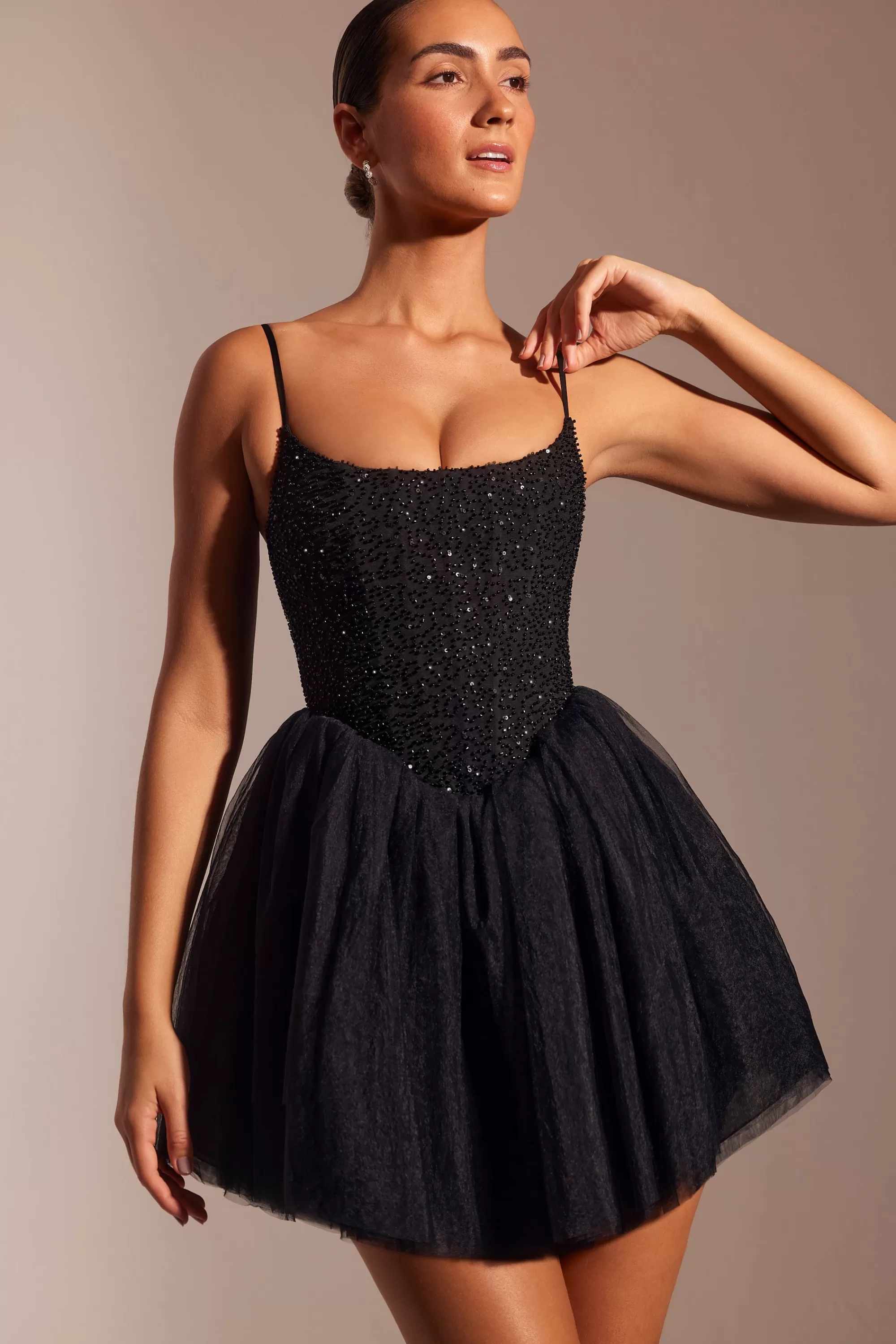 Oh Polly Embellished Corset Tulle Skirt Mini Dress in Black Discount