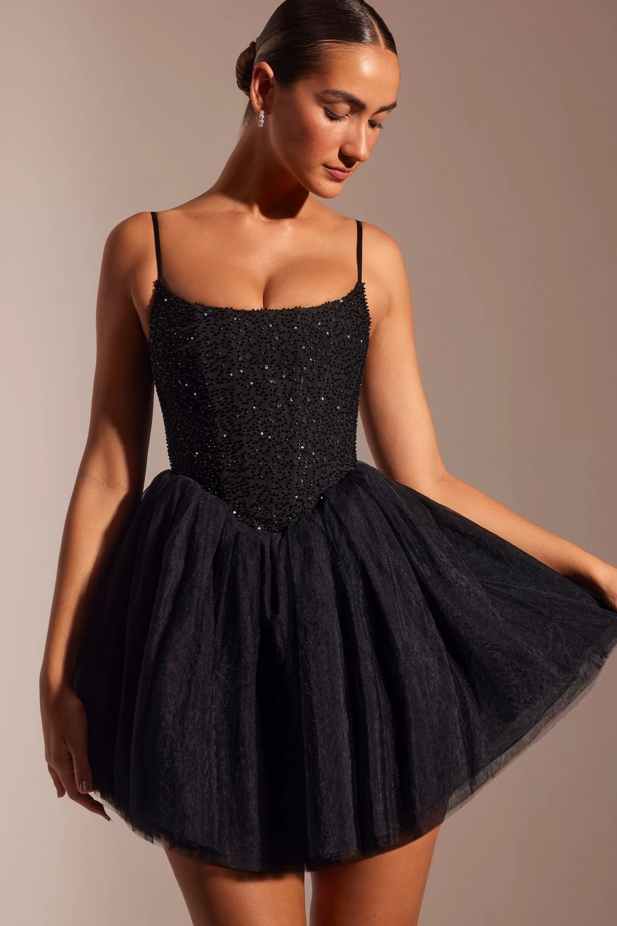 Oh Polly Embellished Corset Tulle Skirt Mini Dress in Black Discount