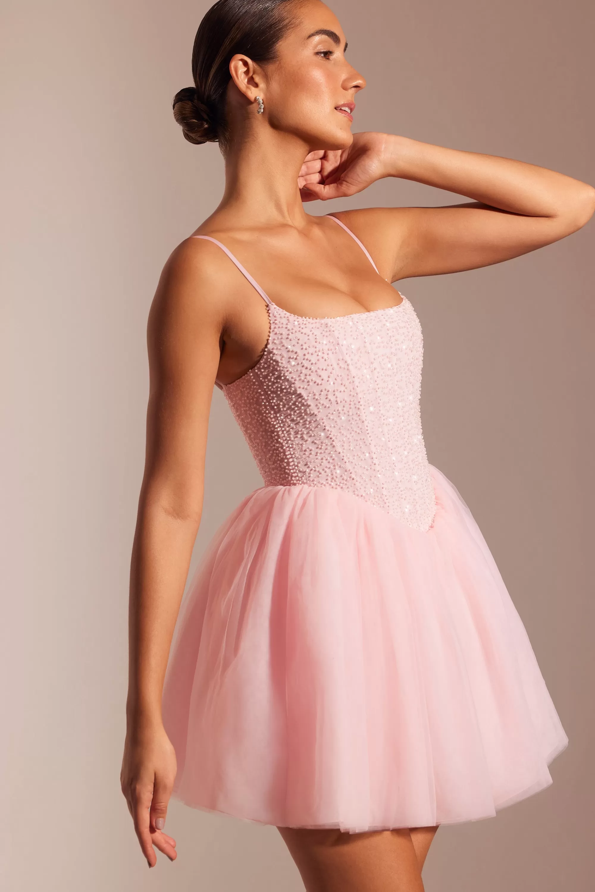 Oh Polly Embellished Corset Tulle Skirt Mini Dress in Blush Fashion