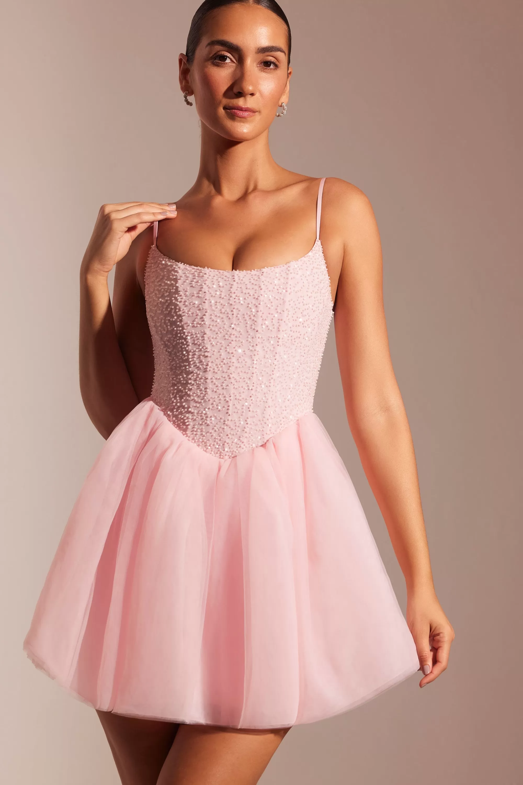 Oh Polly Embellished Corset Tulle Skirt Mini Dress in Blush Fashion