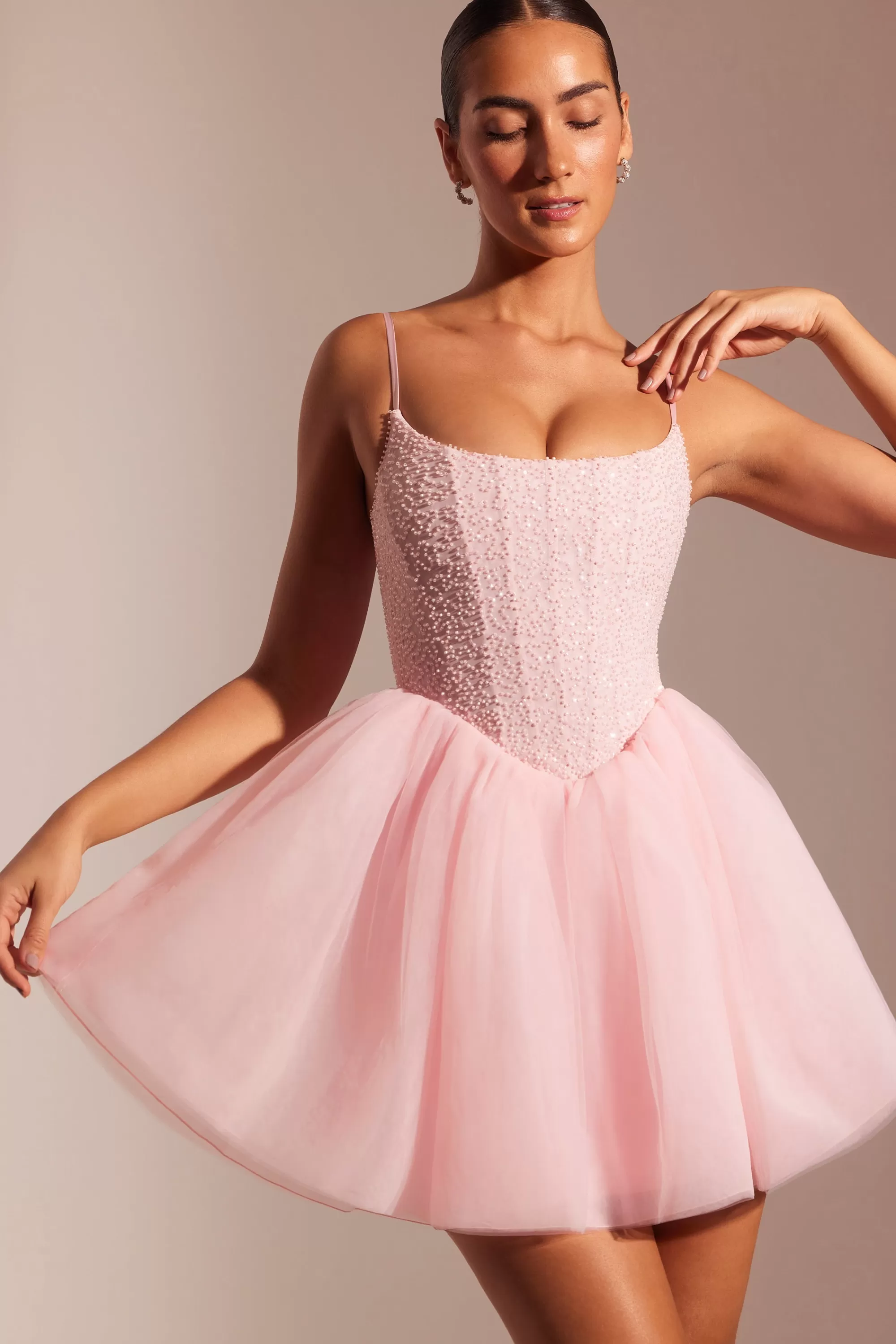 Oh Polly Embellished Corset Tulle Skirt Mini Dress in Blush Fashion