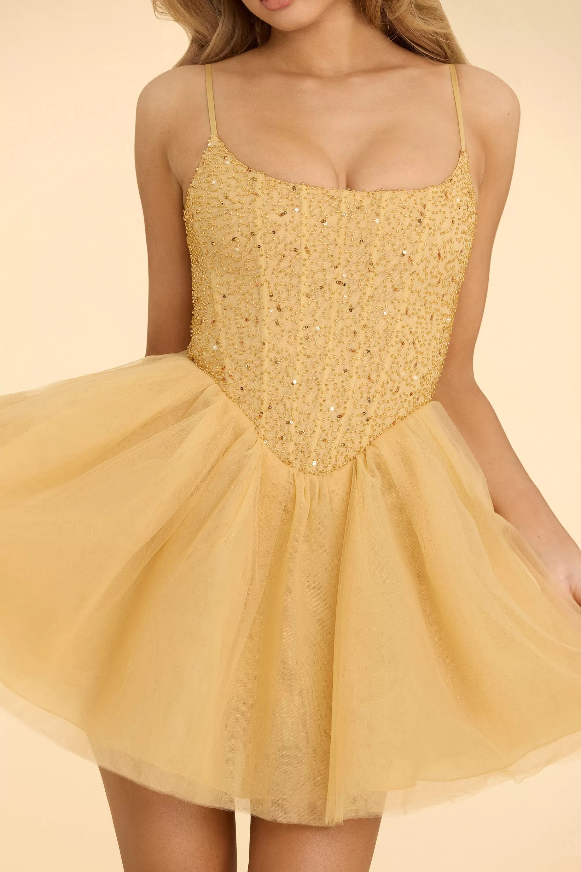 Oh Polly Embellished Corset Tulle Skirt Mini Dress in Gold Shop