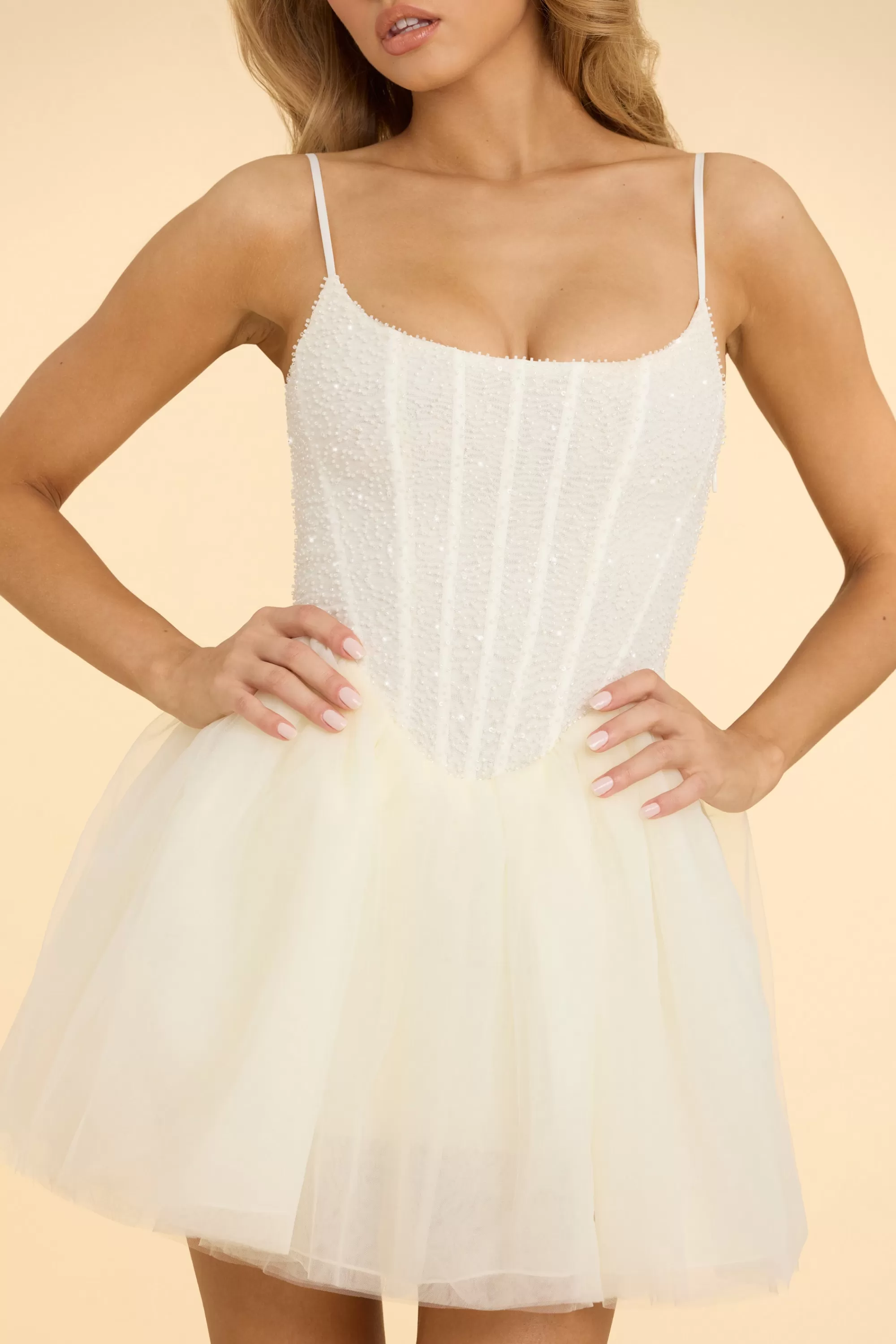 Oh Polly Embellished Corset Tulle Skirt Mini Dress in White Best Sale