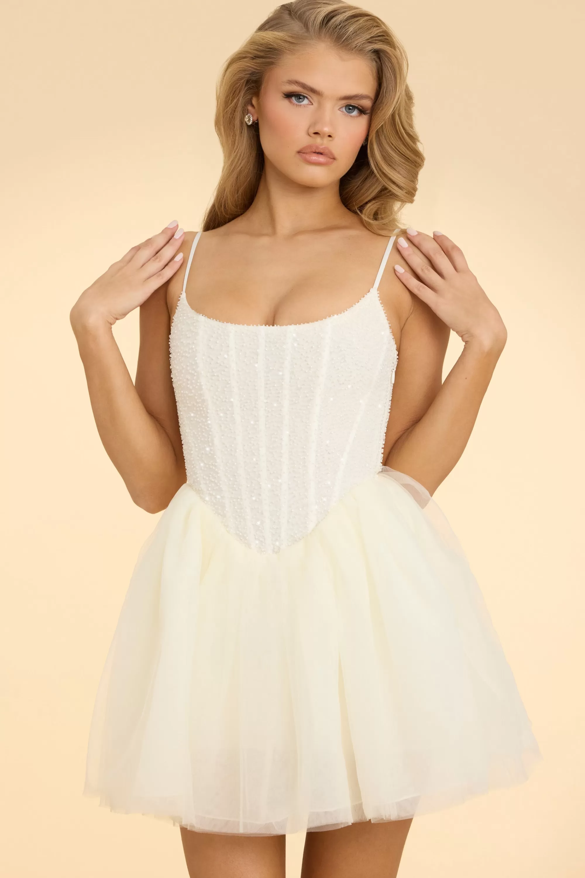 Oh Polly Embellished Corset Tulle Skirt Mini Dress in White Best Sale