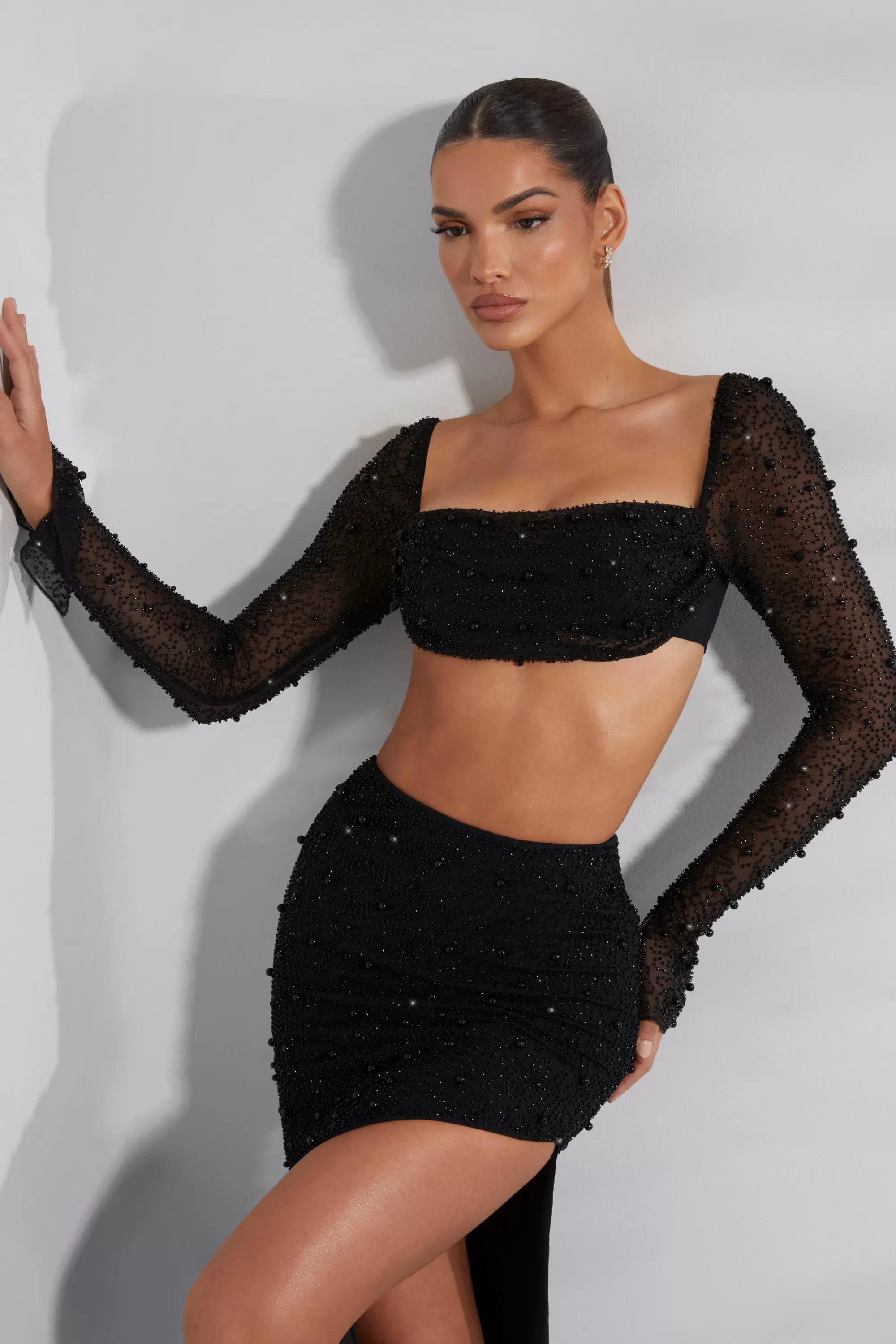 Oh Polly Embellished Cowl Neck Crop Top in Black Cheap