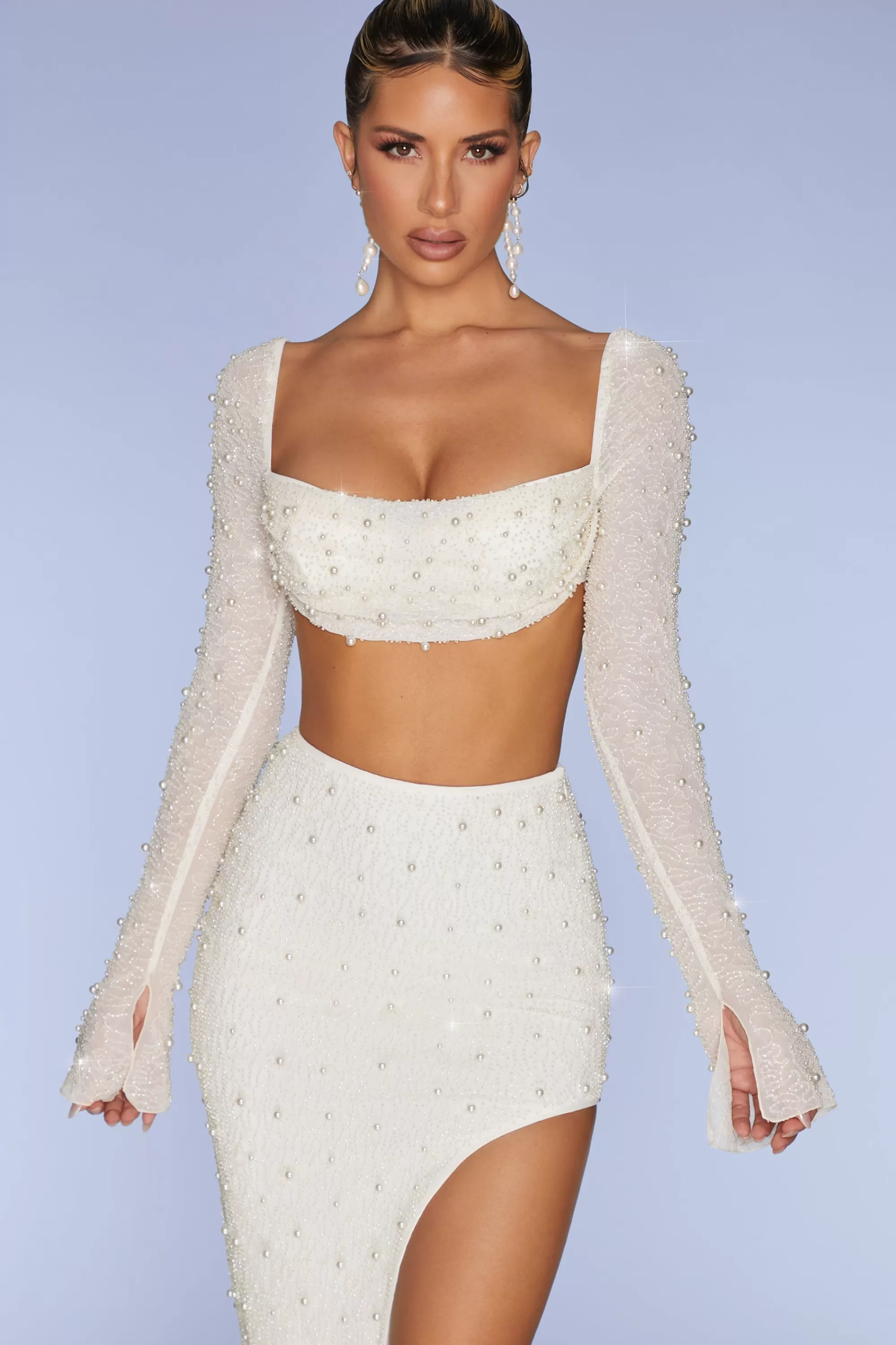 Oh Polly Embellished Cowl Neck Crop Top in Ivory Best