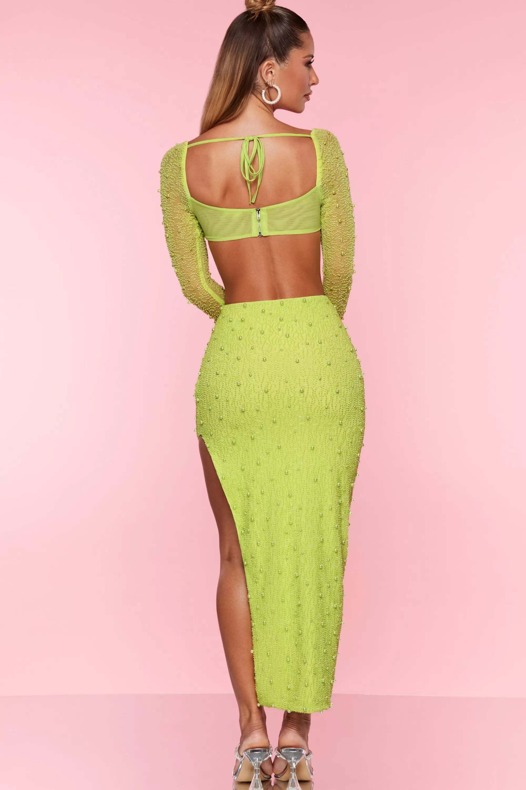 Oh Polly Embellished Cowl Neck Crop Top in Lime Shop