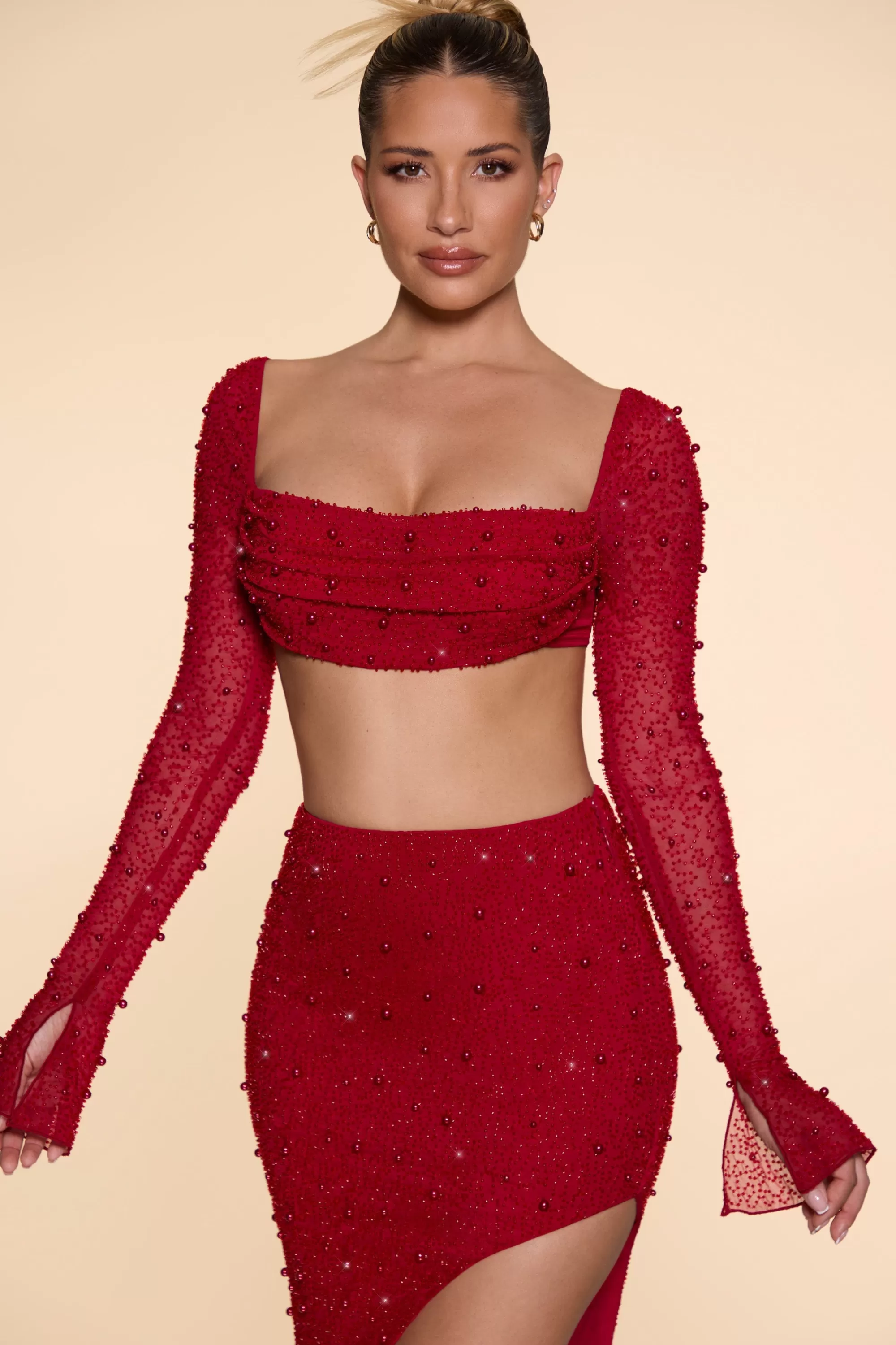 Oh Polly Embellished Cowl Neck Crop Top in Red Store