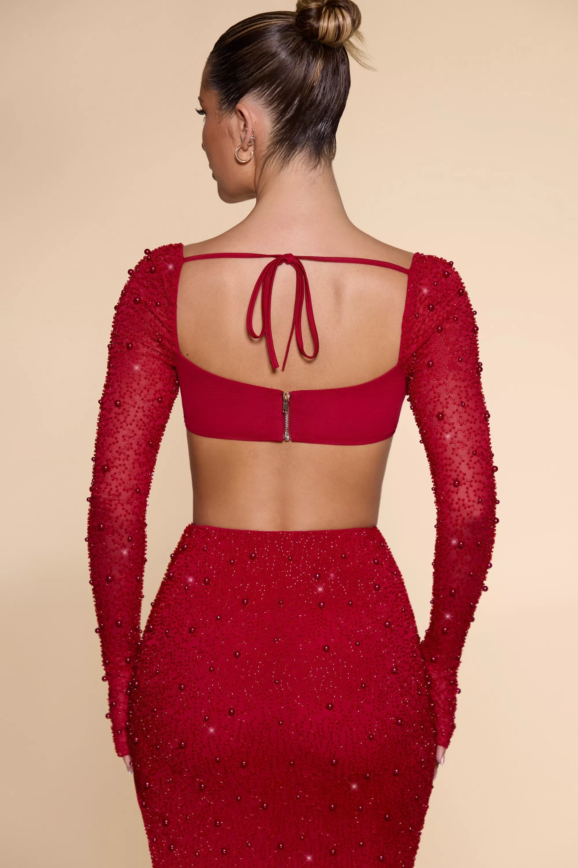 Oh Polly Embellished Cowl Neck Crop Top in Red Store