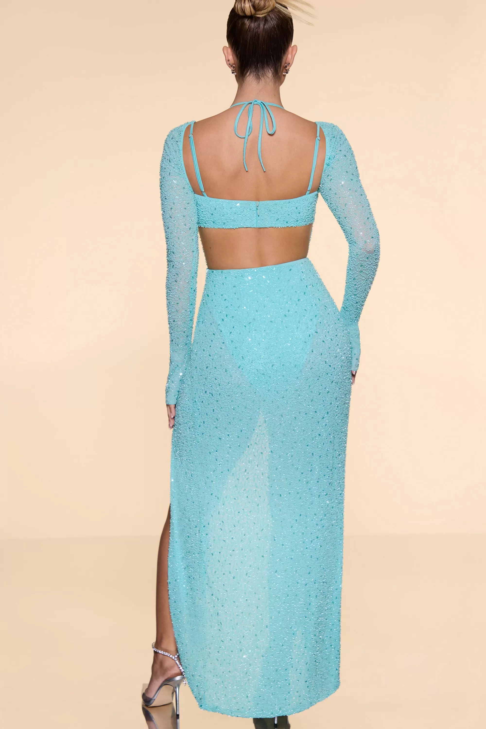 Oh Polly Embellished Cowl Neck Maxi Dress in Aqua Store