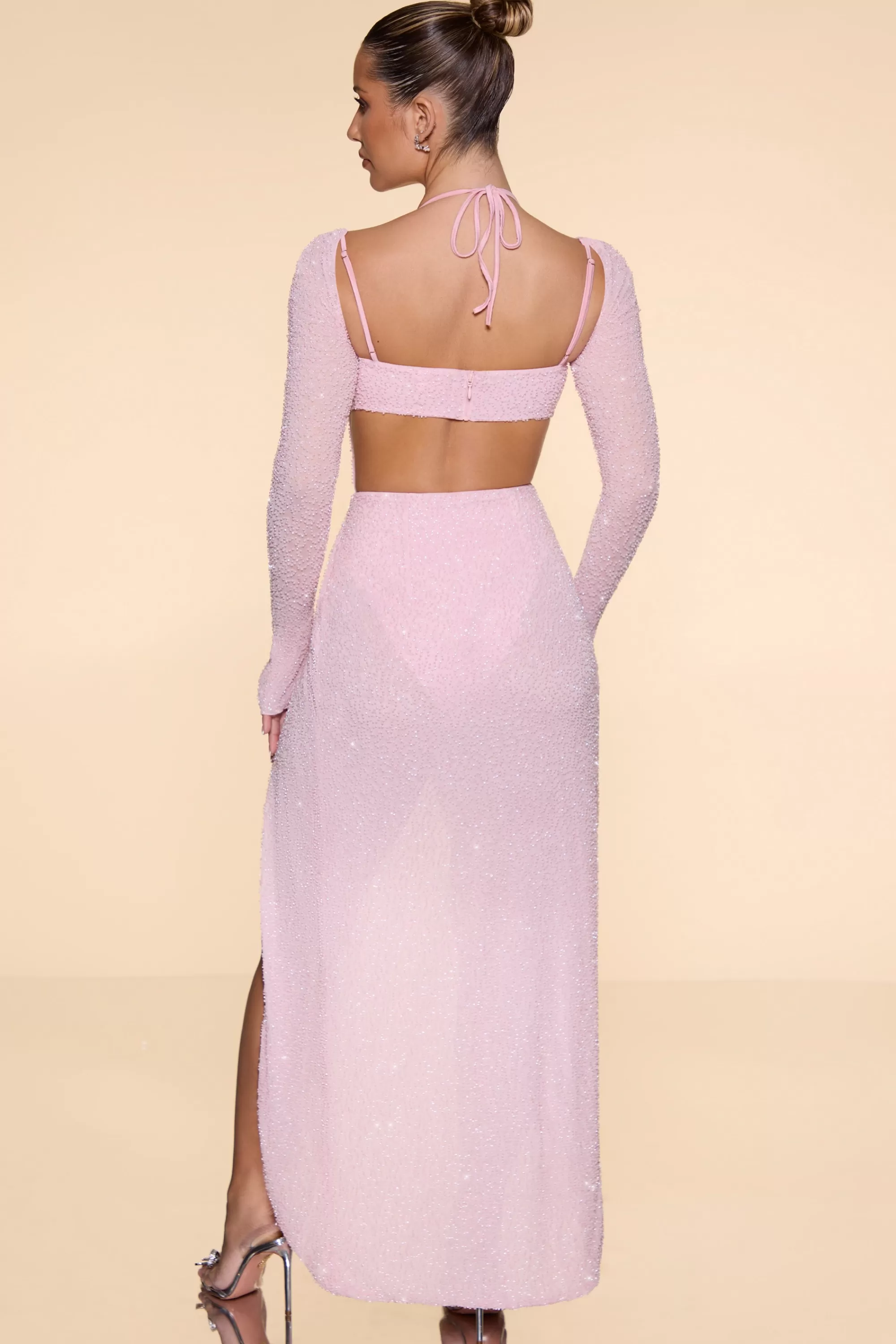 Oh Polly Embellished Cowl Neck Maxi Dress in Blush Best