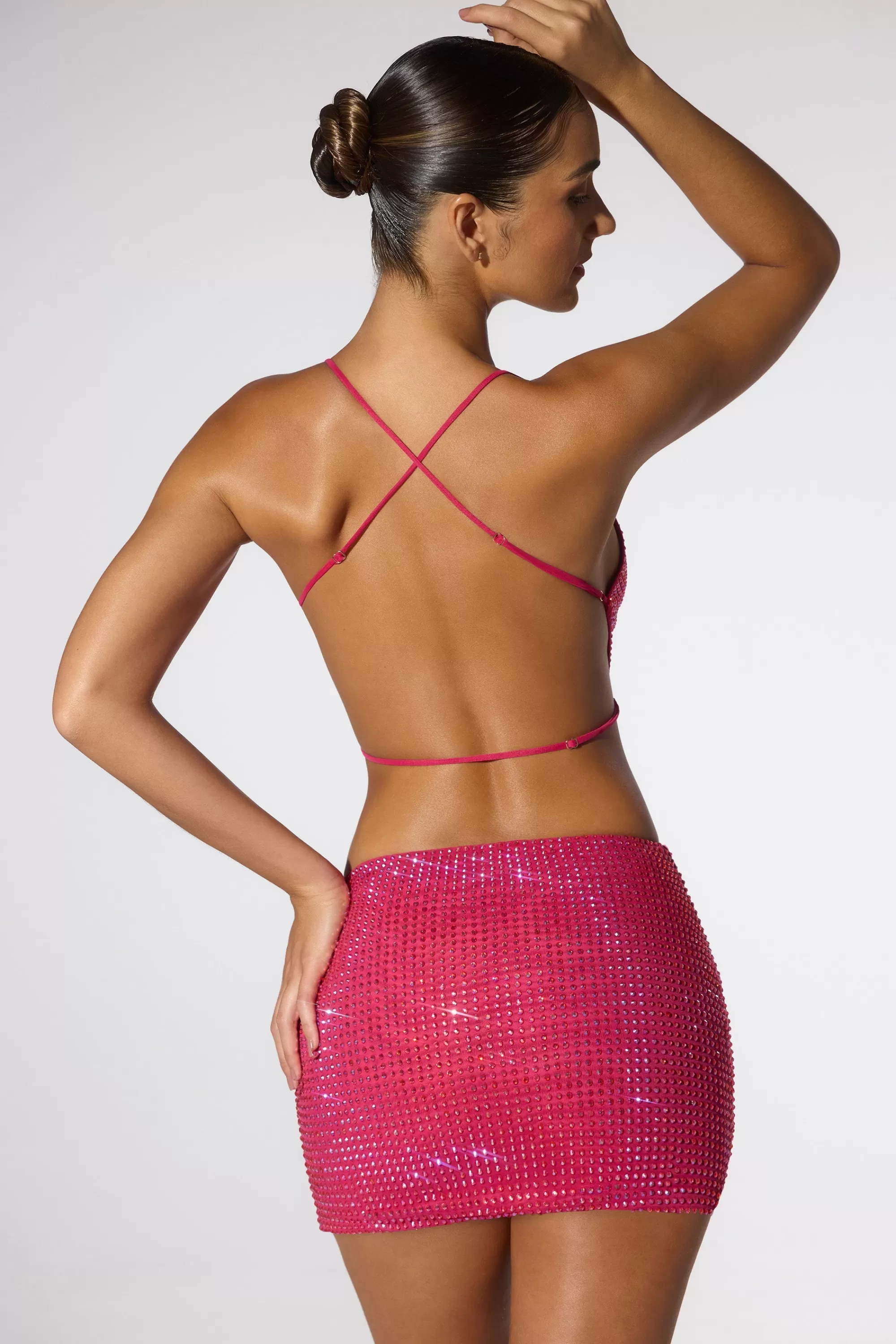 Oh Polly Embellished Cowl Neck Open Back Crop Top in Hot Pink HotPink Discount