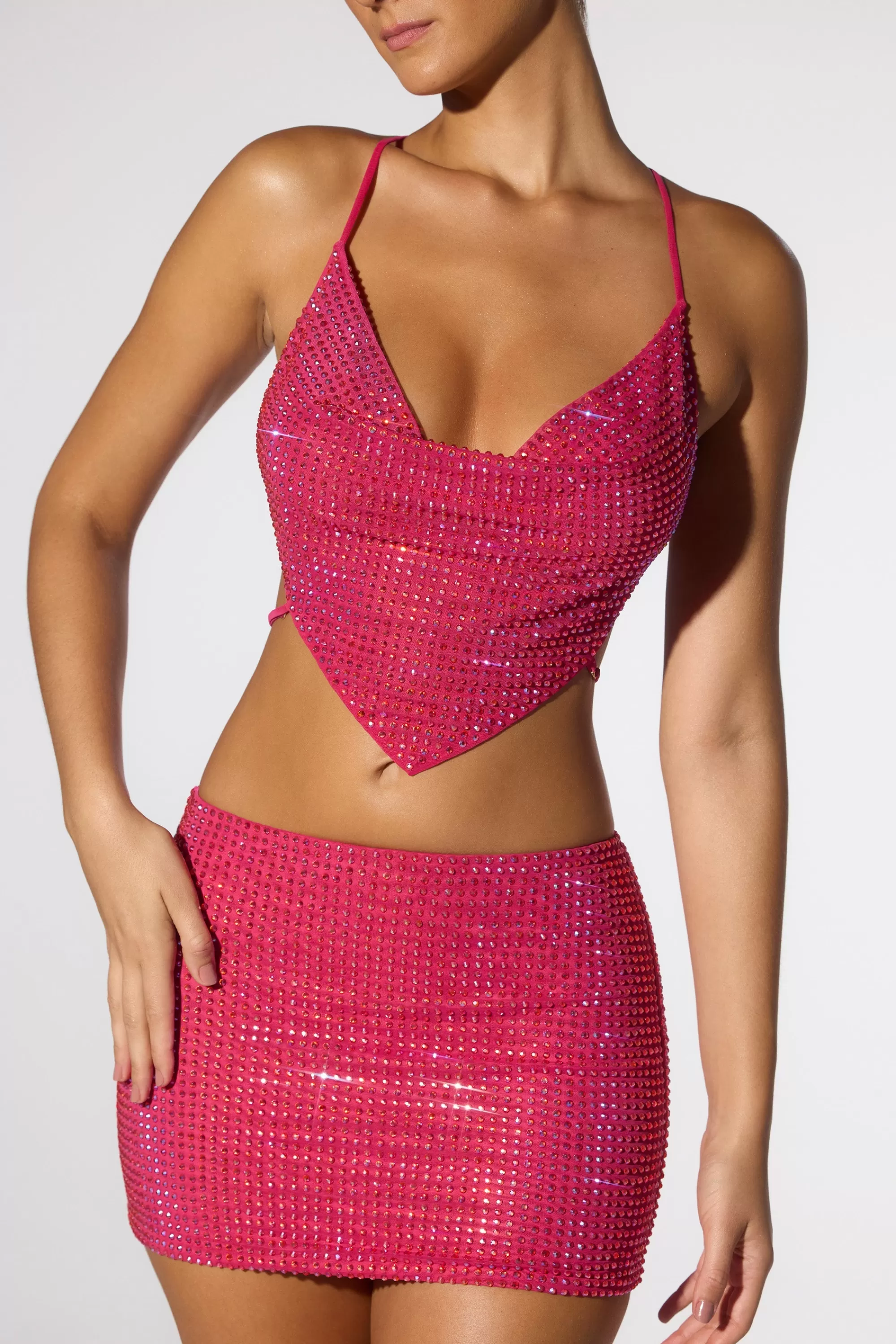 Oh Polly Embellished Cowl Neck Open Back Crop Top in Hot Pink HotPink Discount