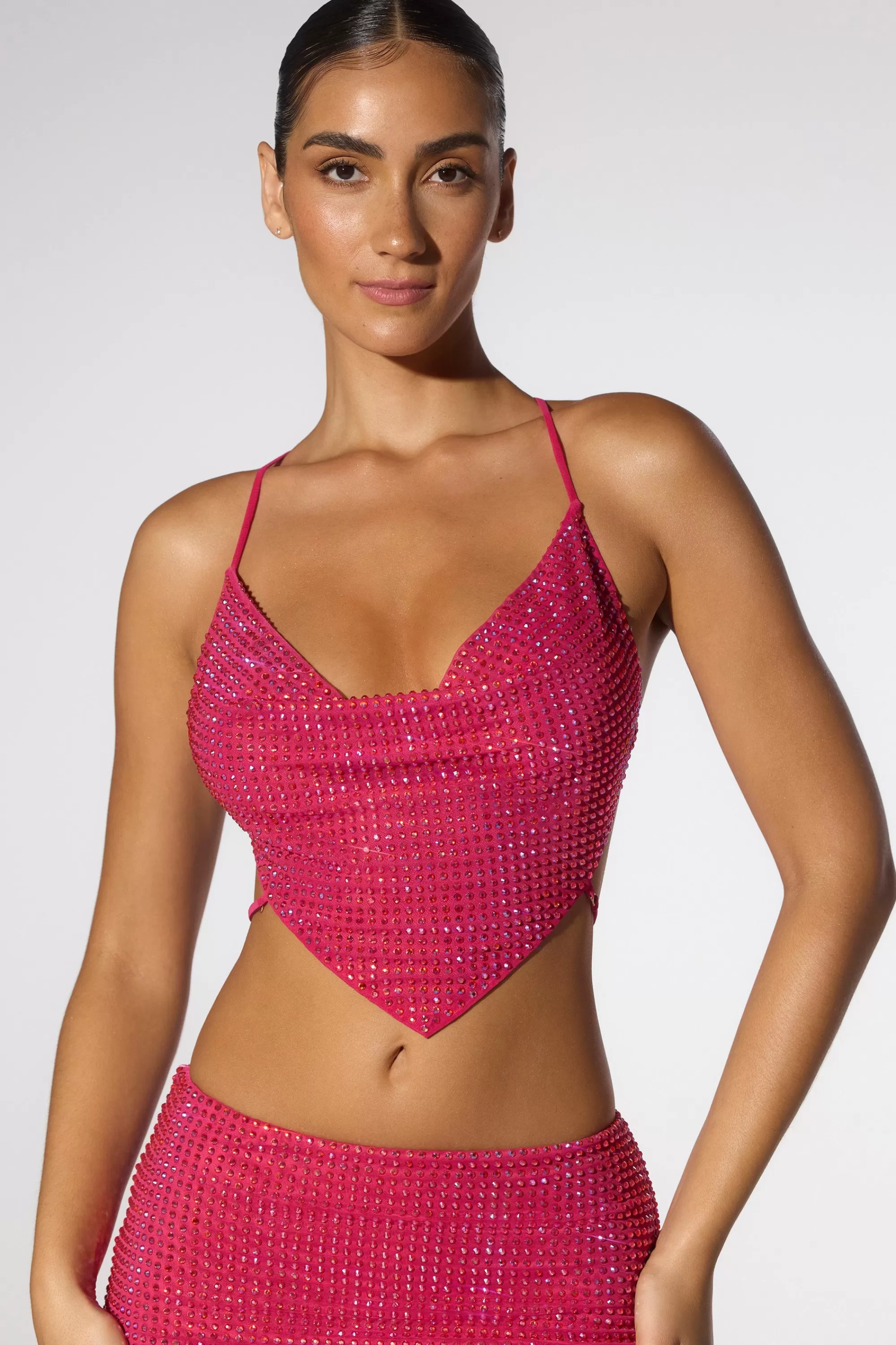 Oh Polly Embellished Cowl Neck Open Back Crop Top in Hot Pink HotPink Discount
