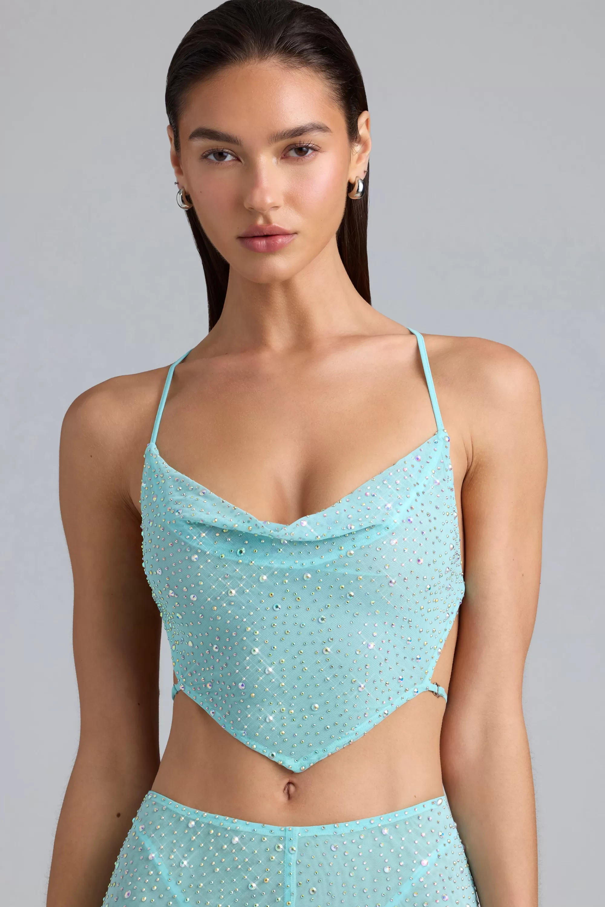 Oh Polly Embellished Cowl-Neck Crop Top in Ice Blue IceBlue Best Sale