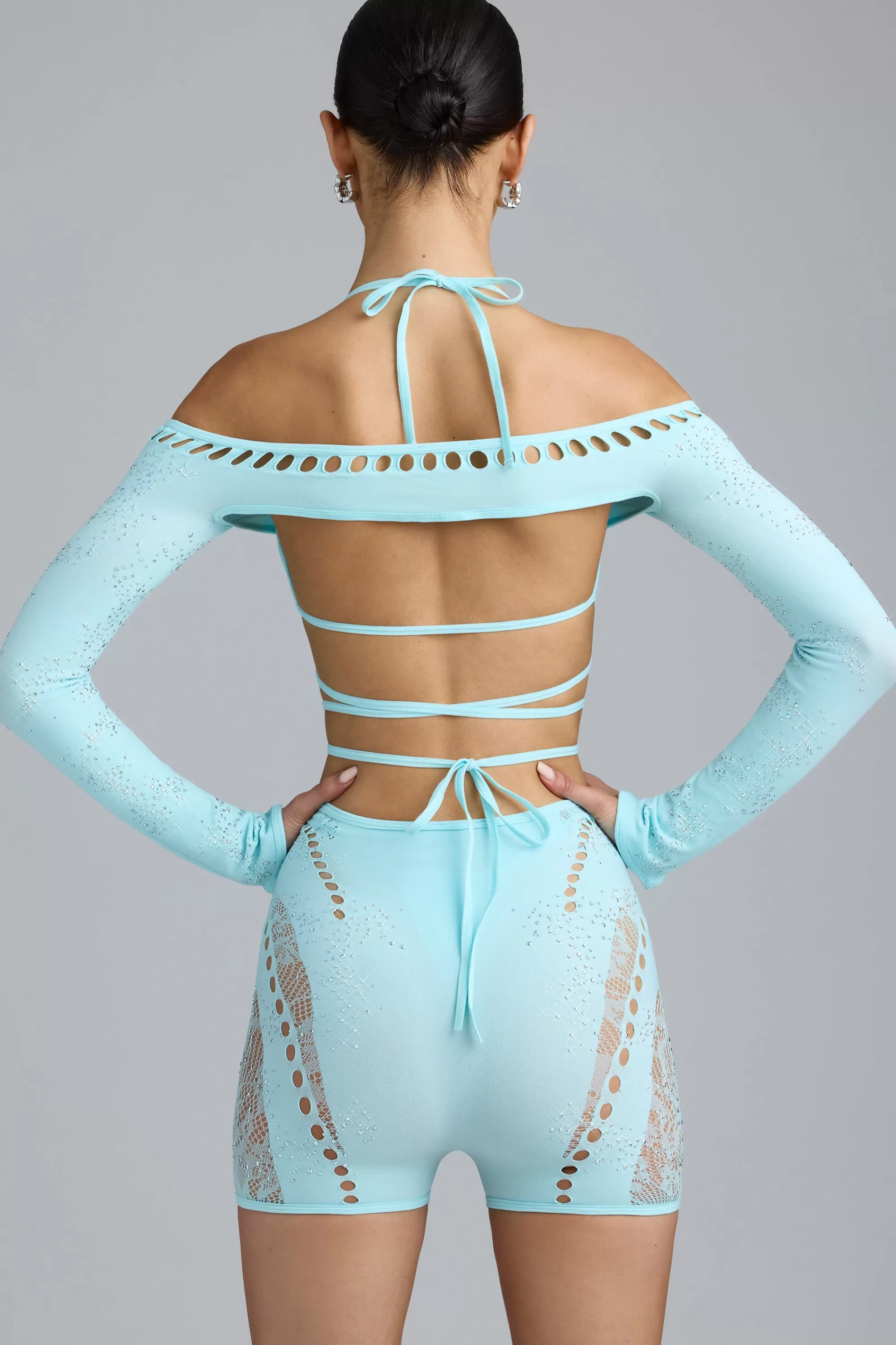 Oh Polly Embellished Cropped Shrug in Ice Blue IceBlue Hot