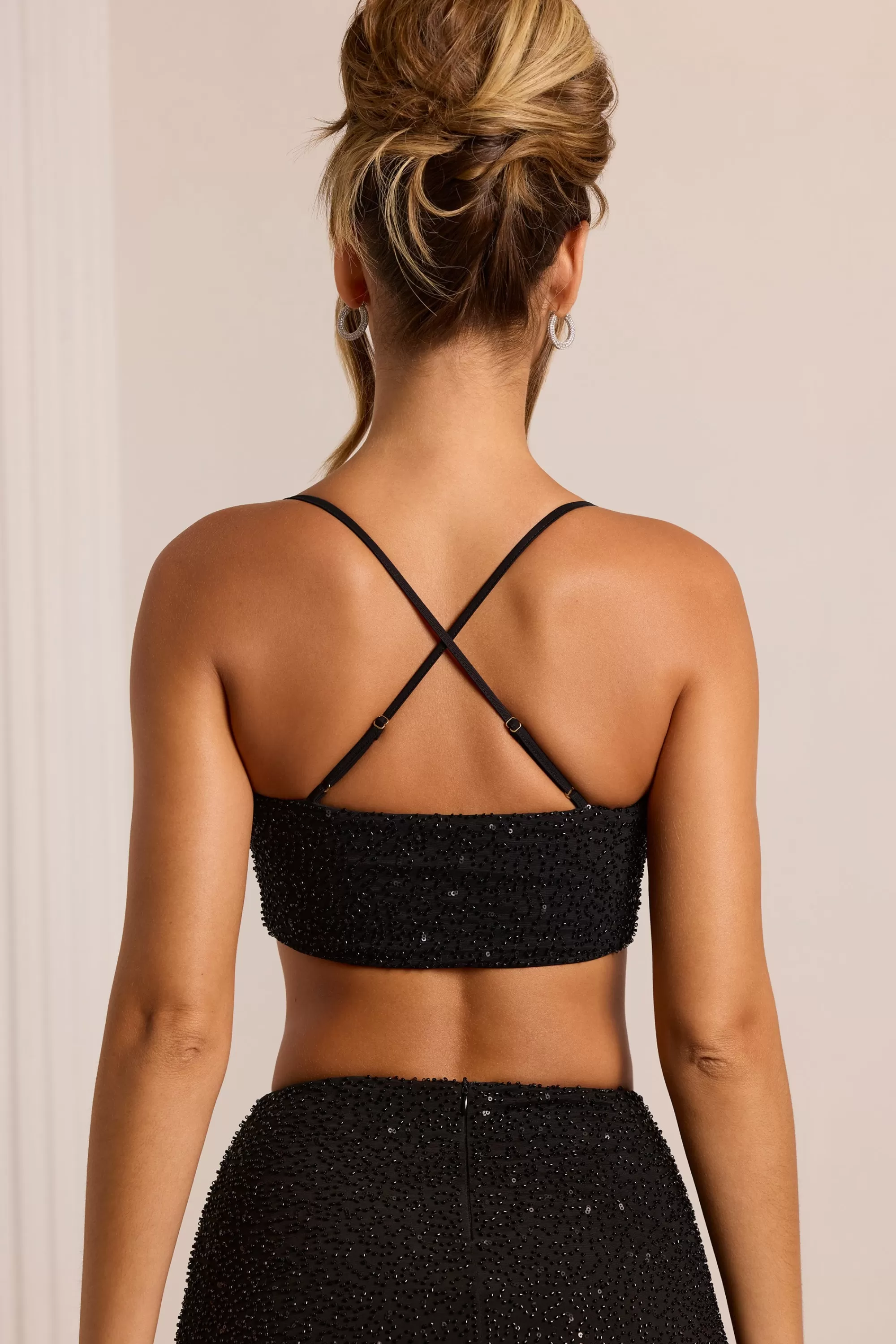 Oh Polly Embellished Cross Back Crop Top in Black Fashion