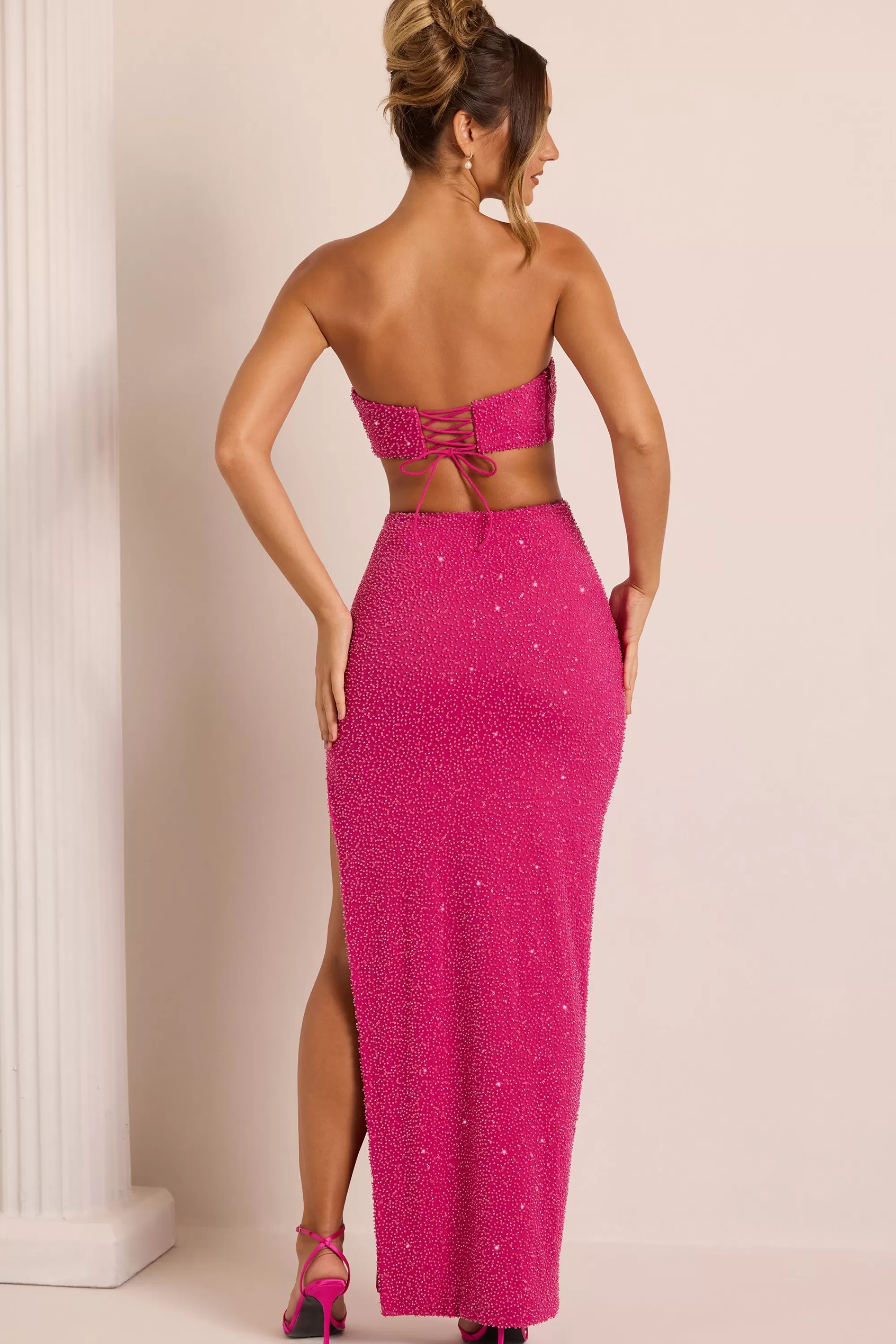 Oh Polly Embellished Cut Out Maxi Dress in Fuchsia Cheap